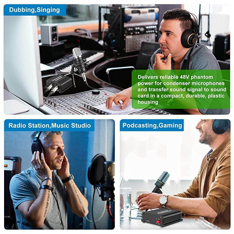 48V Phantom Power Supply Powered by USB Plug in Included with 8 feet USB Cable Bonus + XLR 3 Pin Microphone Cable for Any Condenser Microphone Music Recording Equipment