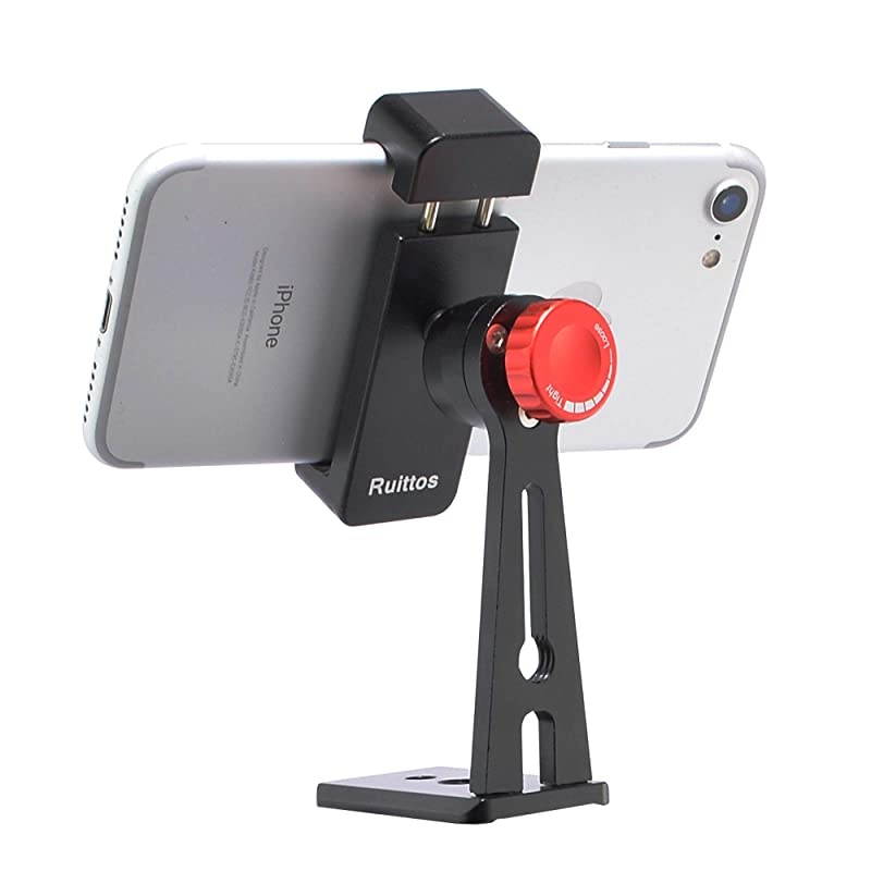 Phone Holder for Tripod, Metal Cellphone Tripod Adapter 360 Degree Rotation Vertical Video Smartphone Bracket Clip Compatible with iPhone X XS XR 8 Samsung Galaxy S10 S9+ Huawei (Black C18)