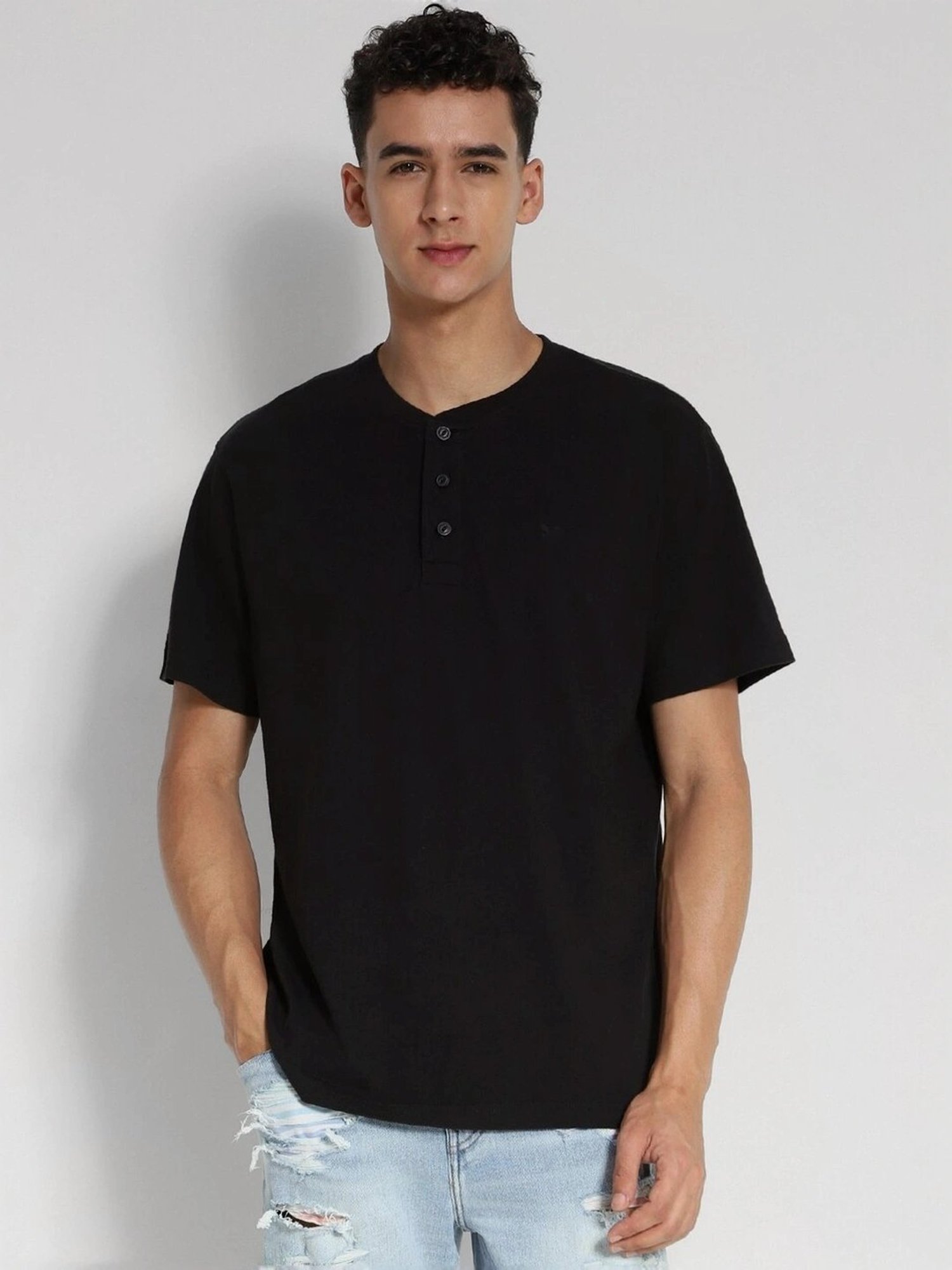 American Eagle Black Cotton Regular Fit Henley T-Shirt