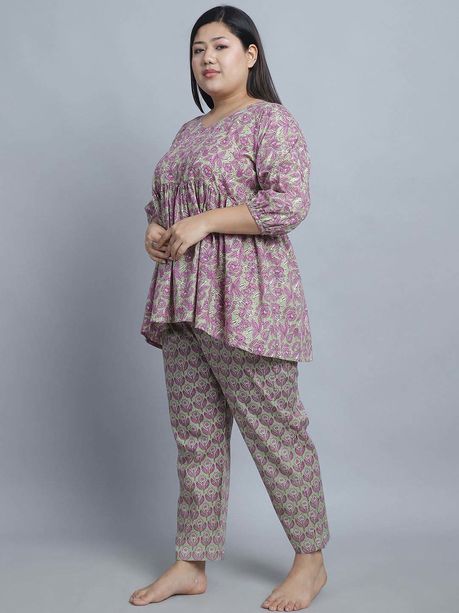 TAG 7 Green & Purple Cotton Printed Top Pyjamas Set