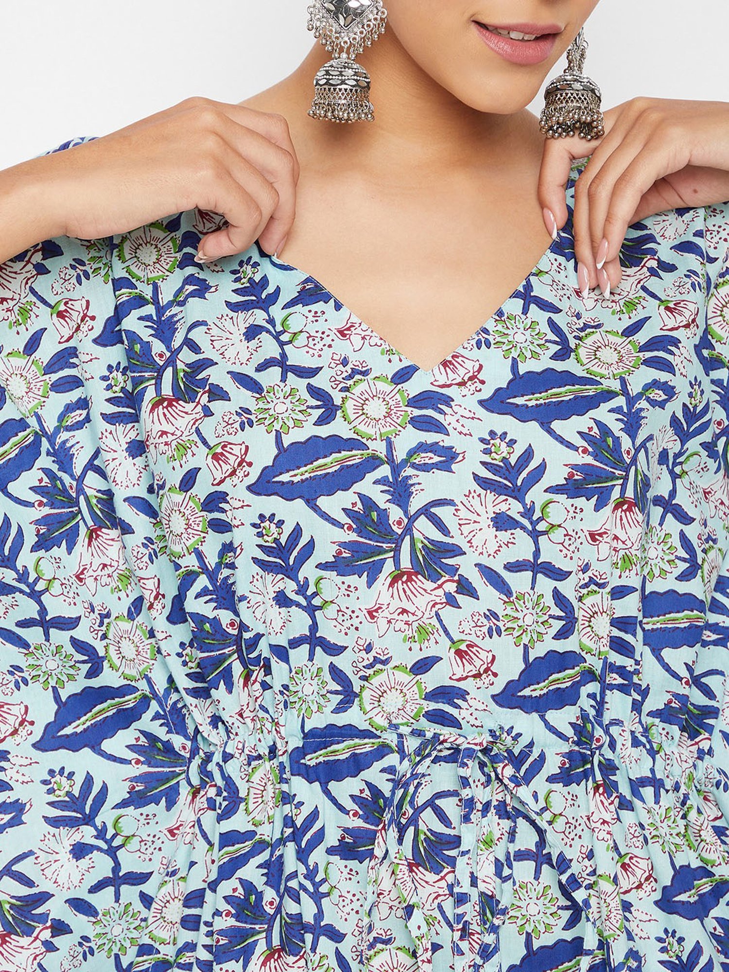 PANIT Blue Printed Cotton Kaftan Kurta Pant Set