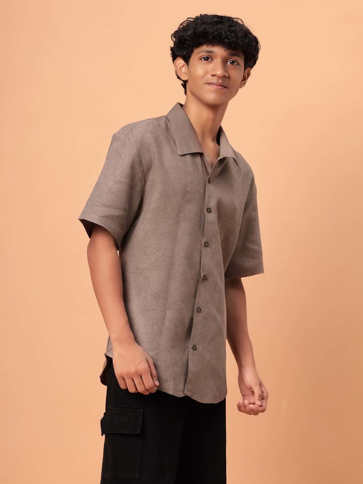 TeenTrums Kids Brown Cotton Floral Print Shirt