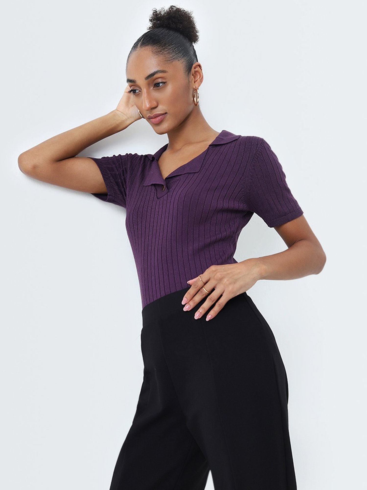 Wardrobe by Westside Purple Ribbed Textured Top
