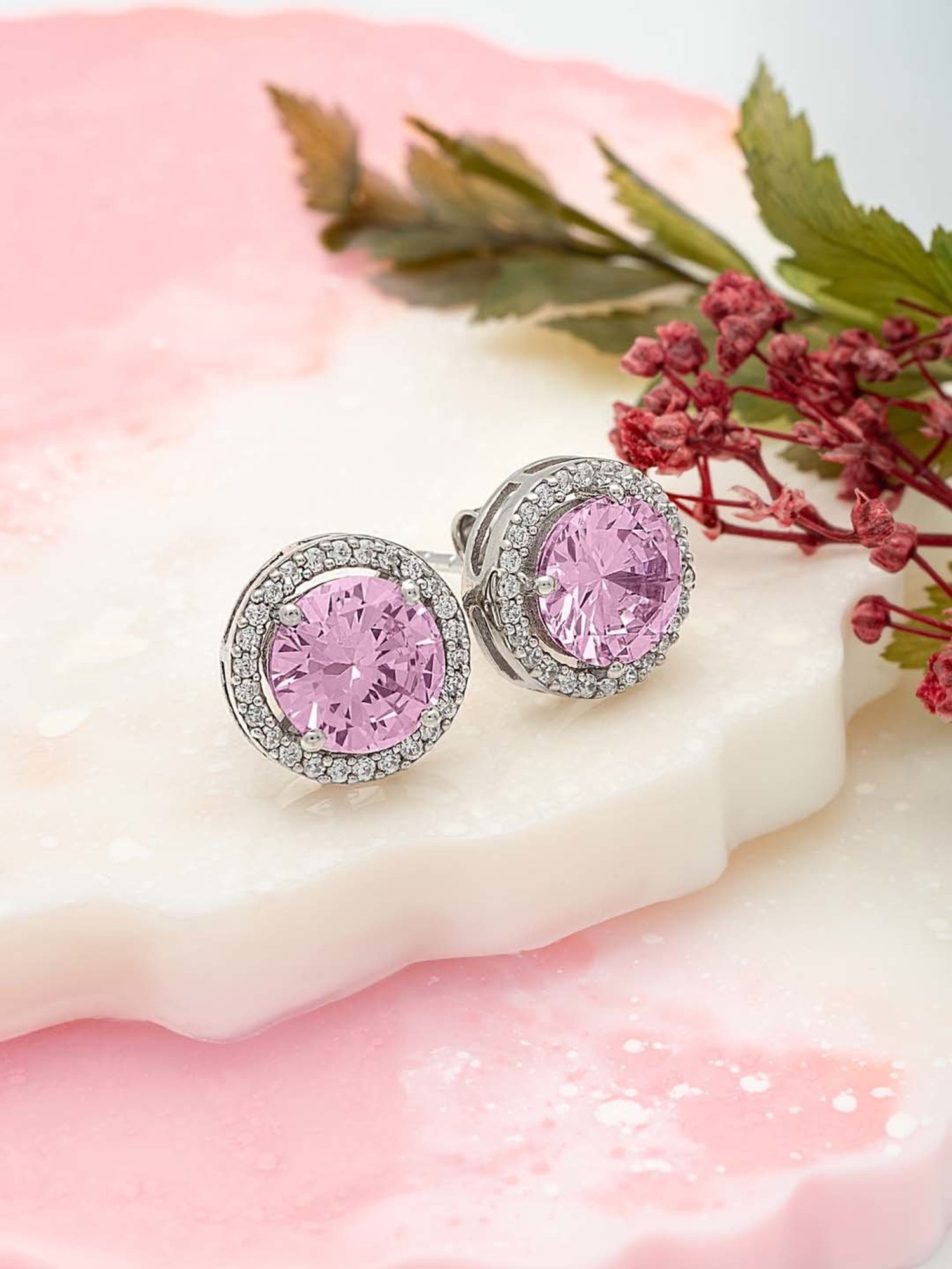 Silberry 925 Sterling Silver Pink Poise 6mm Round Stud Earrings for Women