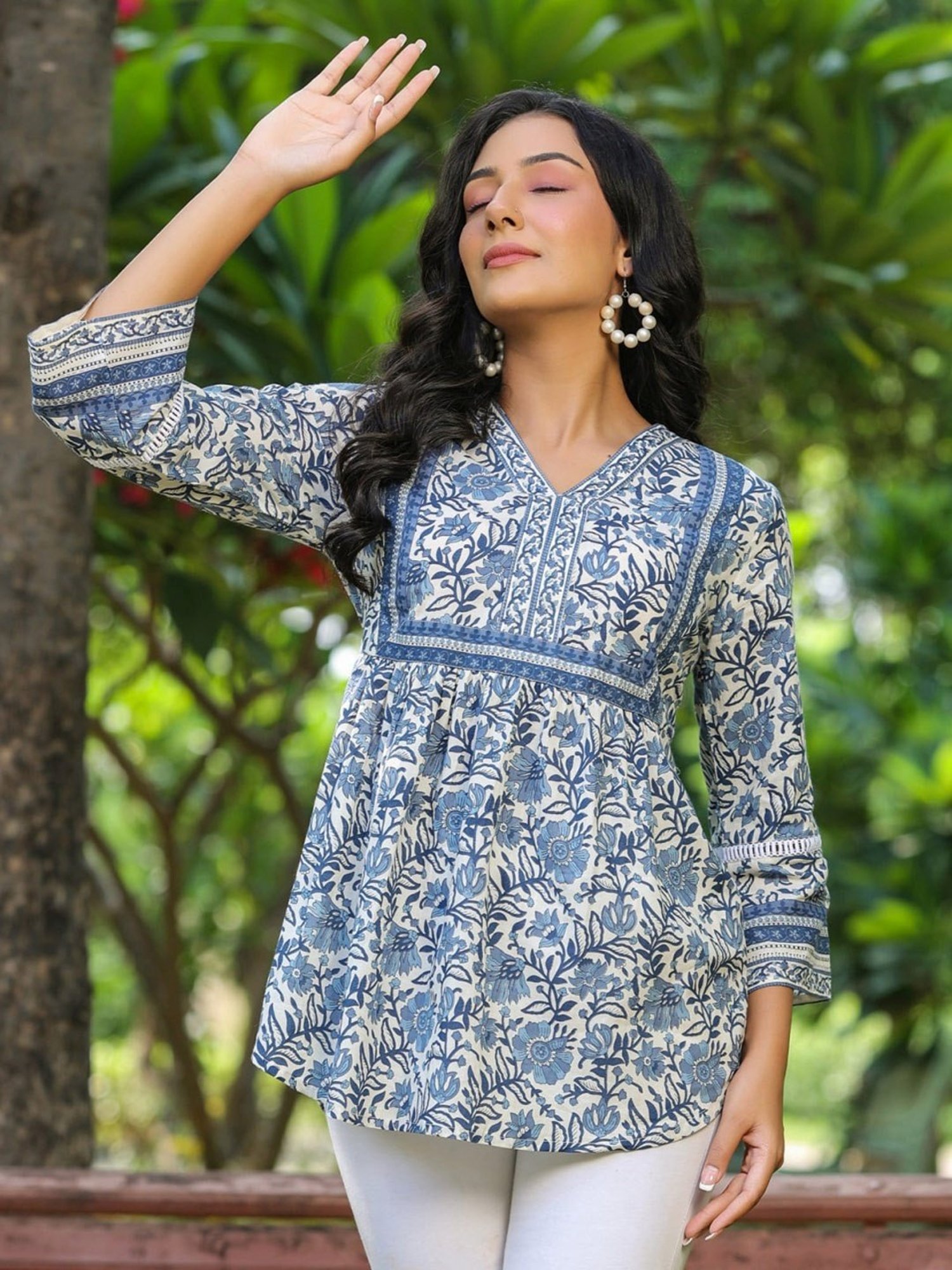 Rain and Rainbow Blue Cotton Floral Print Top