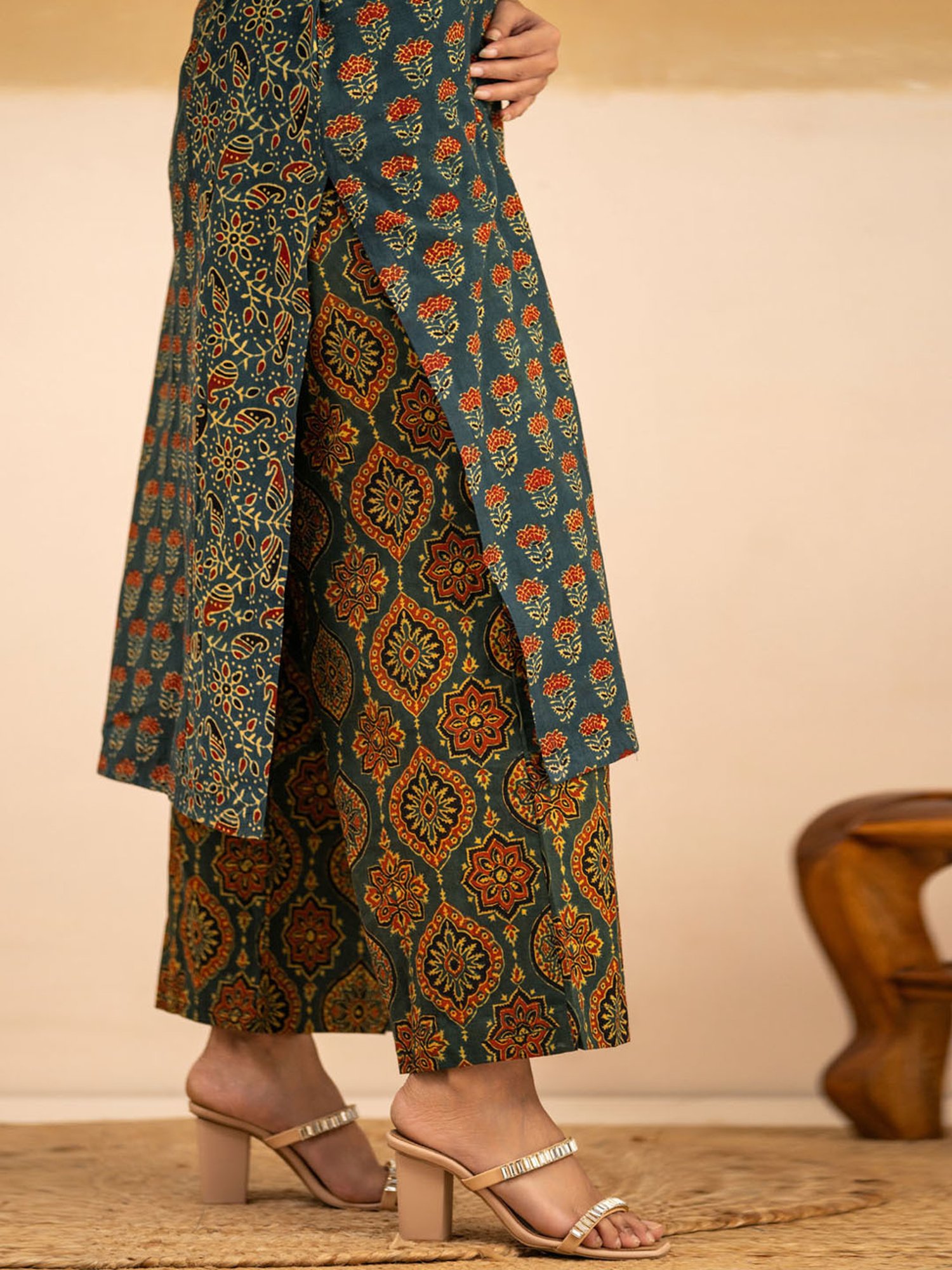 Love Chic Ajrakh Straight Kurta with Cowrie shells