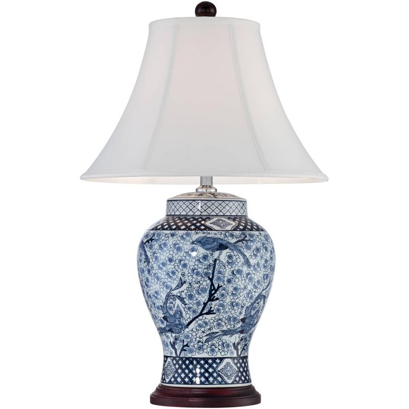 Barnes and Ivy Traditional Table Lamp Porcelain Blue and White Bird and Branch Jar White Bell Shade for Living Room Family Bedroom