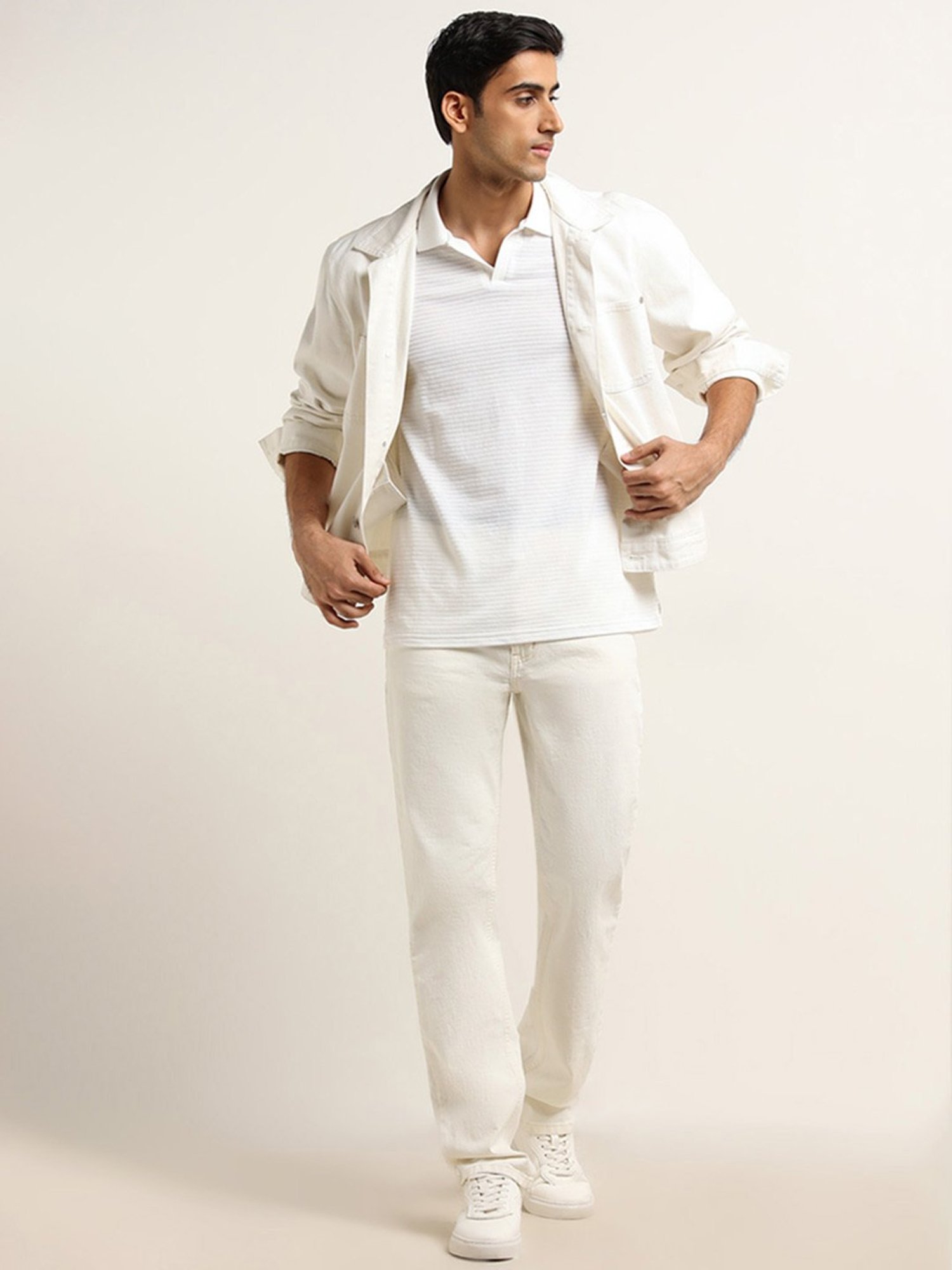 WES Casuals by Westside White Textured Self-Striped Relaxed Fit T-Shirt