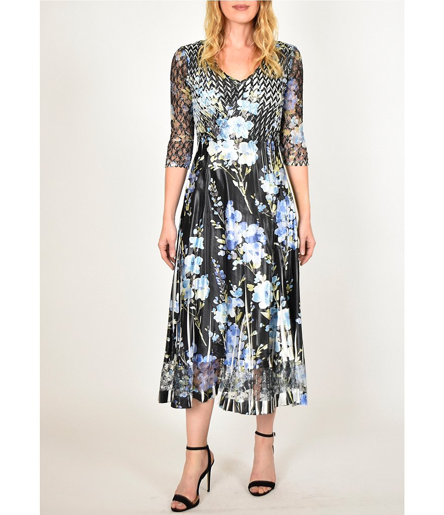 Komarov V-Neck 3/4 Sleeve A-Line Floral Print Midi Dress