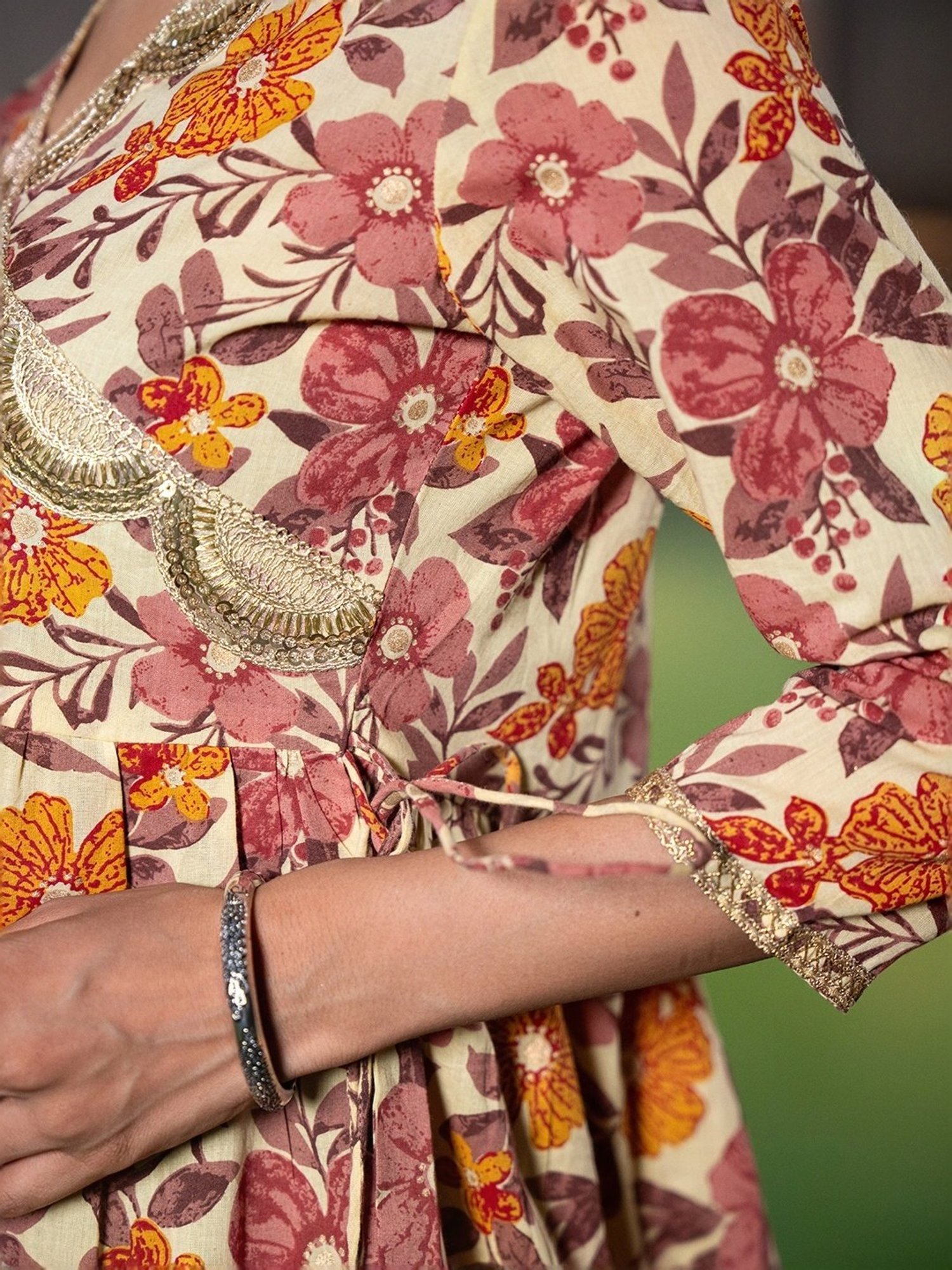 Yufta Beige & Pink Cotton Printed Top Sharara Set