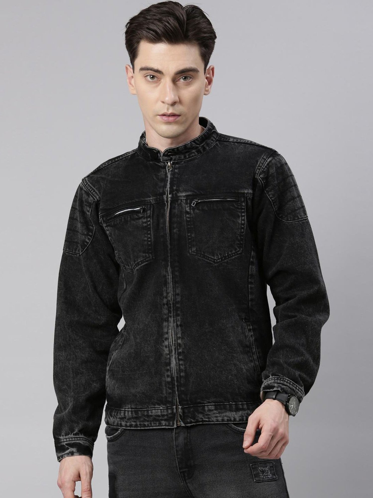 CINOCCI Black Cotton Slim Fit Denim Jacket
