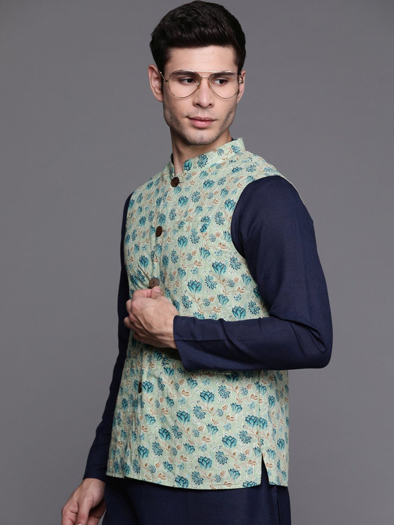 Indo Era Sea Green Cotton Regular Fit Printed Nehru Jacket
