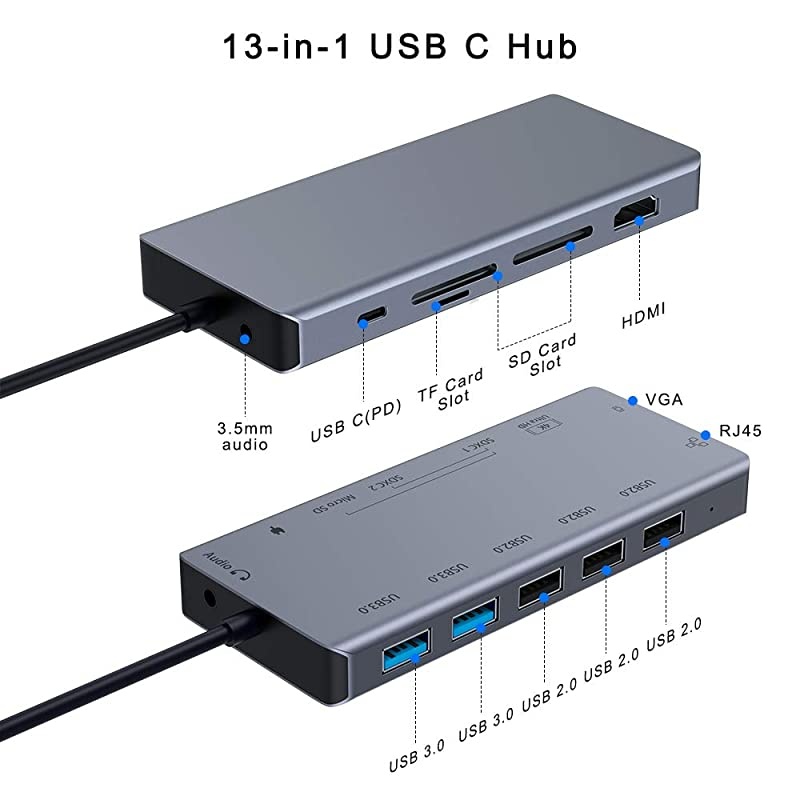 USB C Docking Station,  13-in-1 USB-C HUB, MacBook Type-C Adapter with 4K HDMI, VGA, PD, Ethernet, 3USB 2.0, 2USB 3.0, 3SD/TF Card Slots, Audio, for MacBook/HP/Dell/Surface/Lenovo Laptop