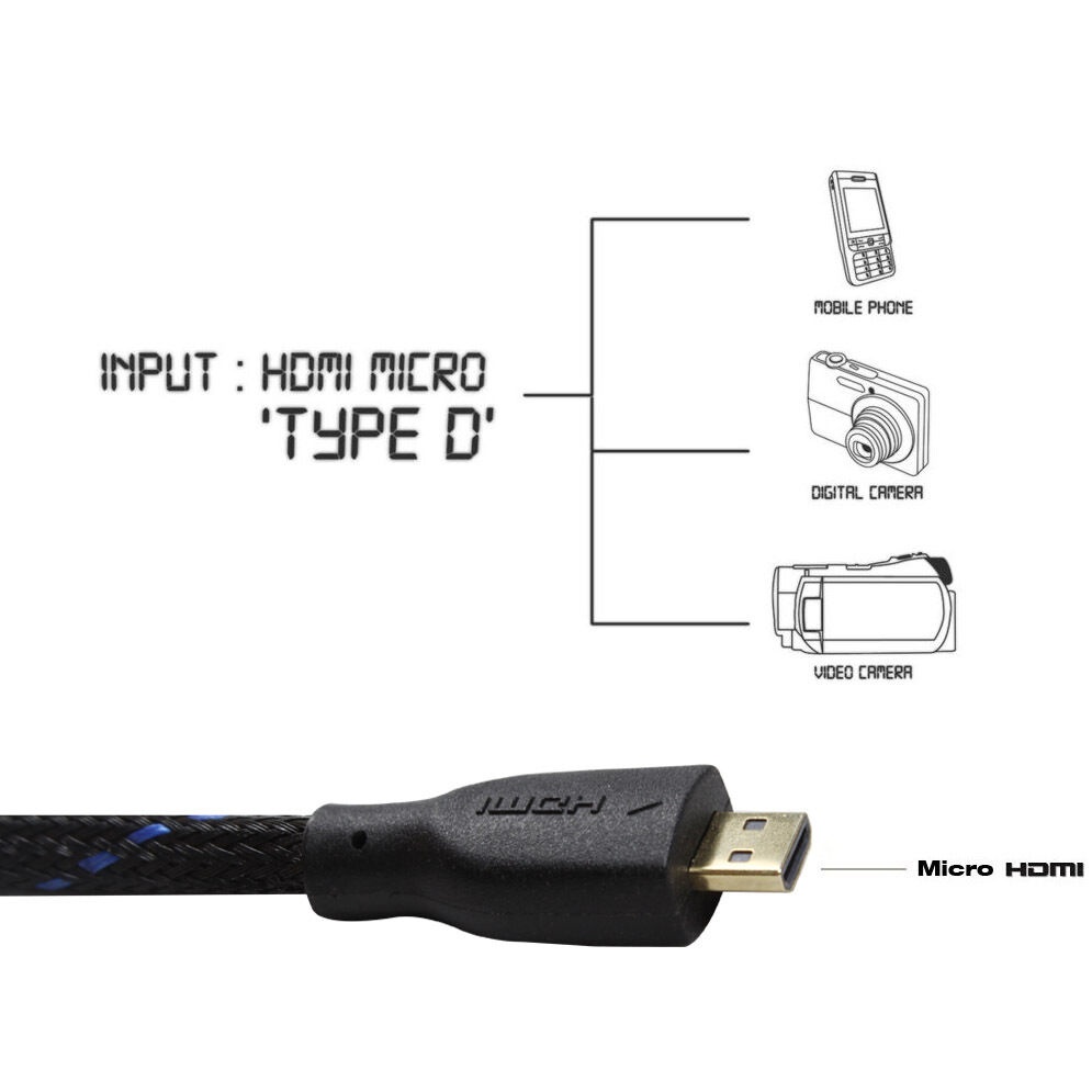 3Feet High Speed Micro HDMI to HDMI Male Cable with Ethernet Braided Protective