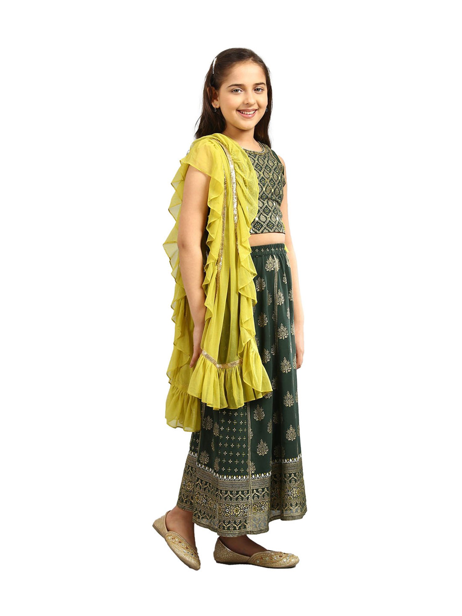 Aurelia Kids Green & Yellow Embellished Top, Skirt with Dupatta