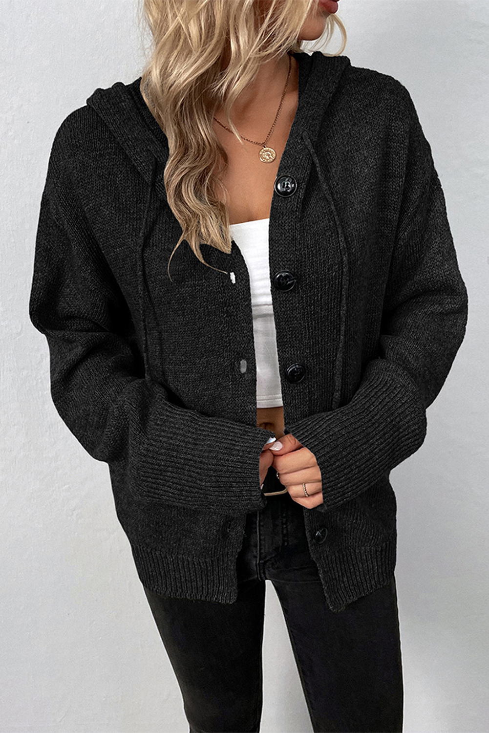 Black Plaid Casual Contrast Trim Knit Cardigan