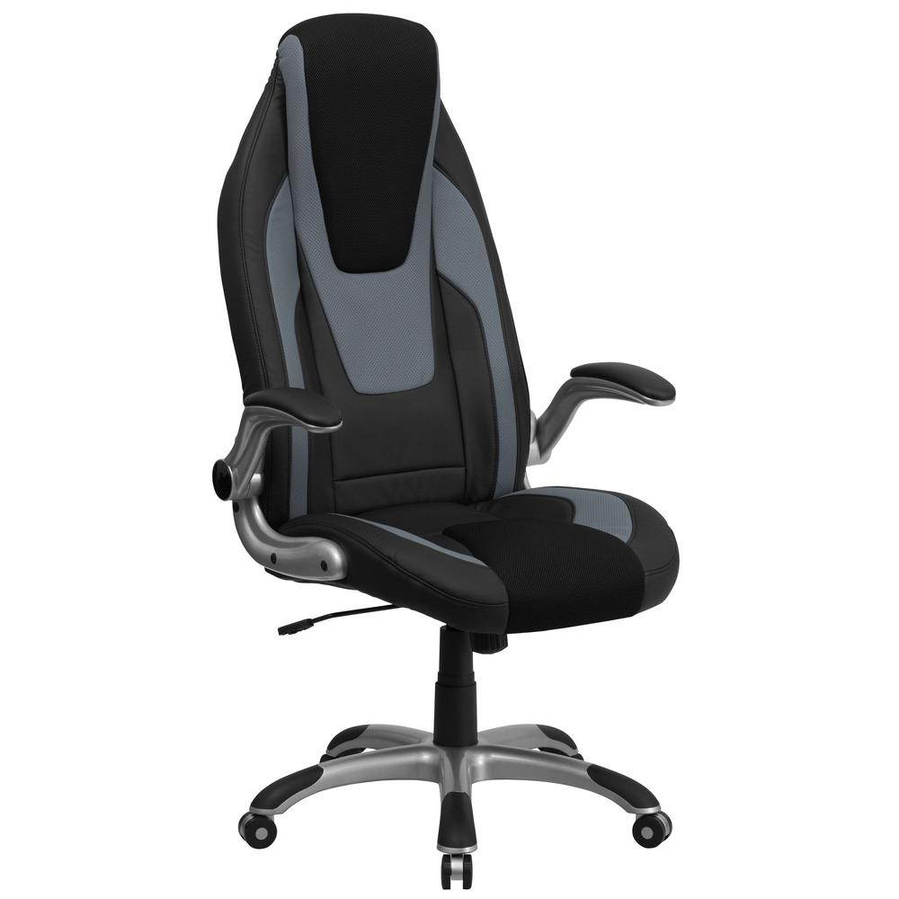 High Back Black and Gray Vinyl Executive Swivel Ergonomic Office Chair with Black Mesh Insets and Flip-Up Arms