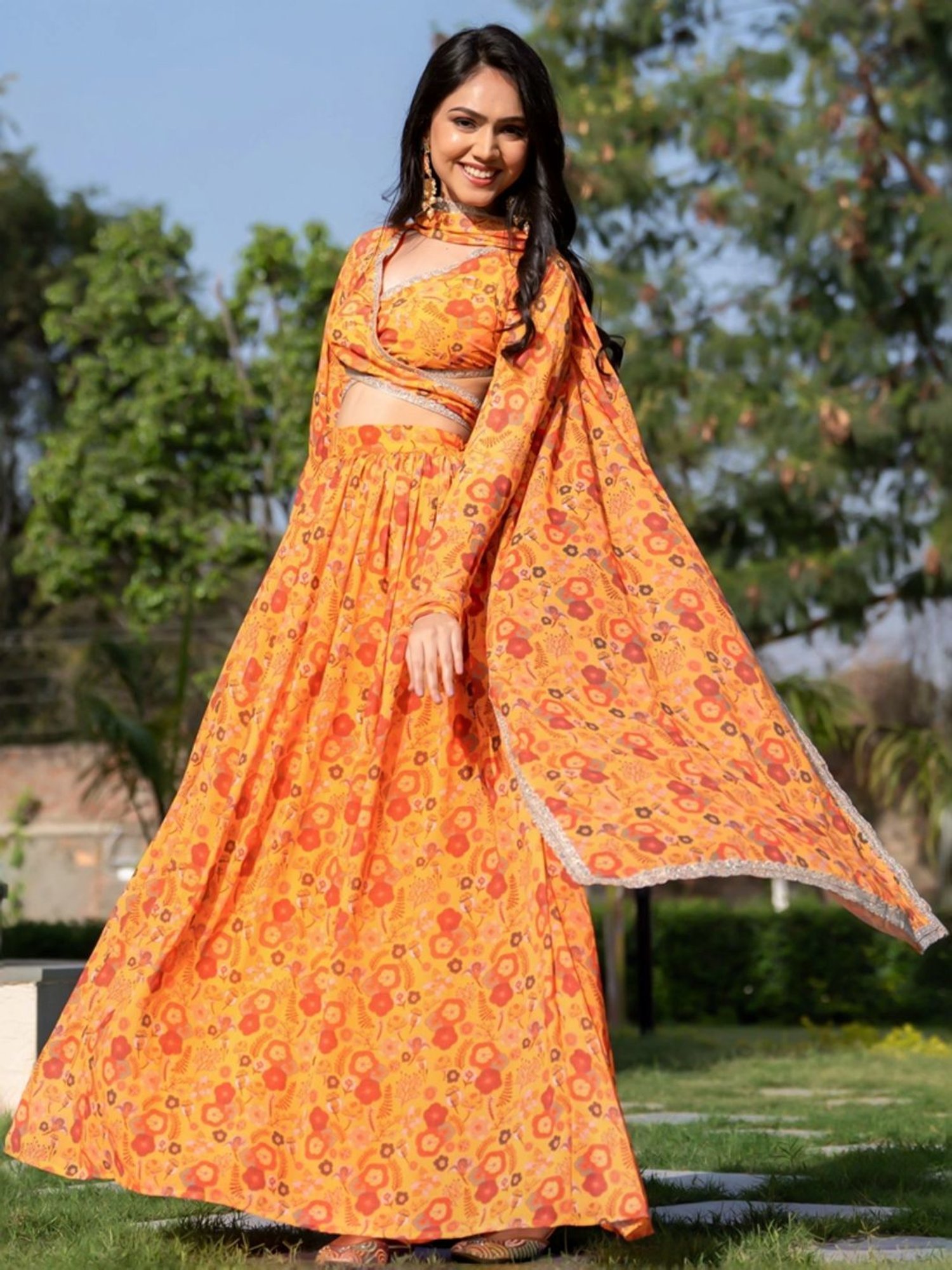 HOUSE OF JAMOTI Mustard Printed Lehenga Choli Set With Dupatta