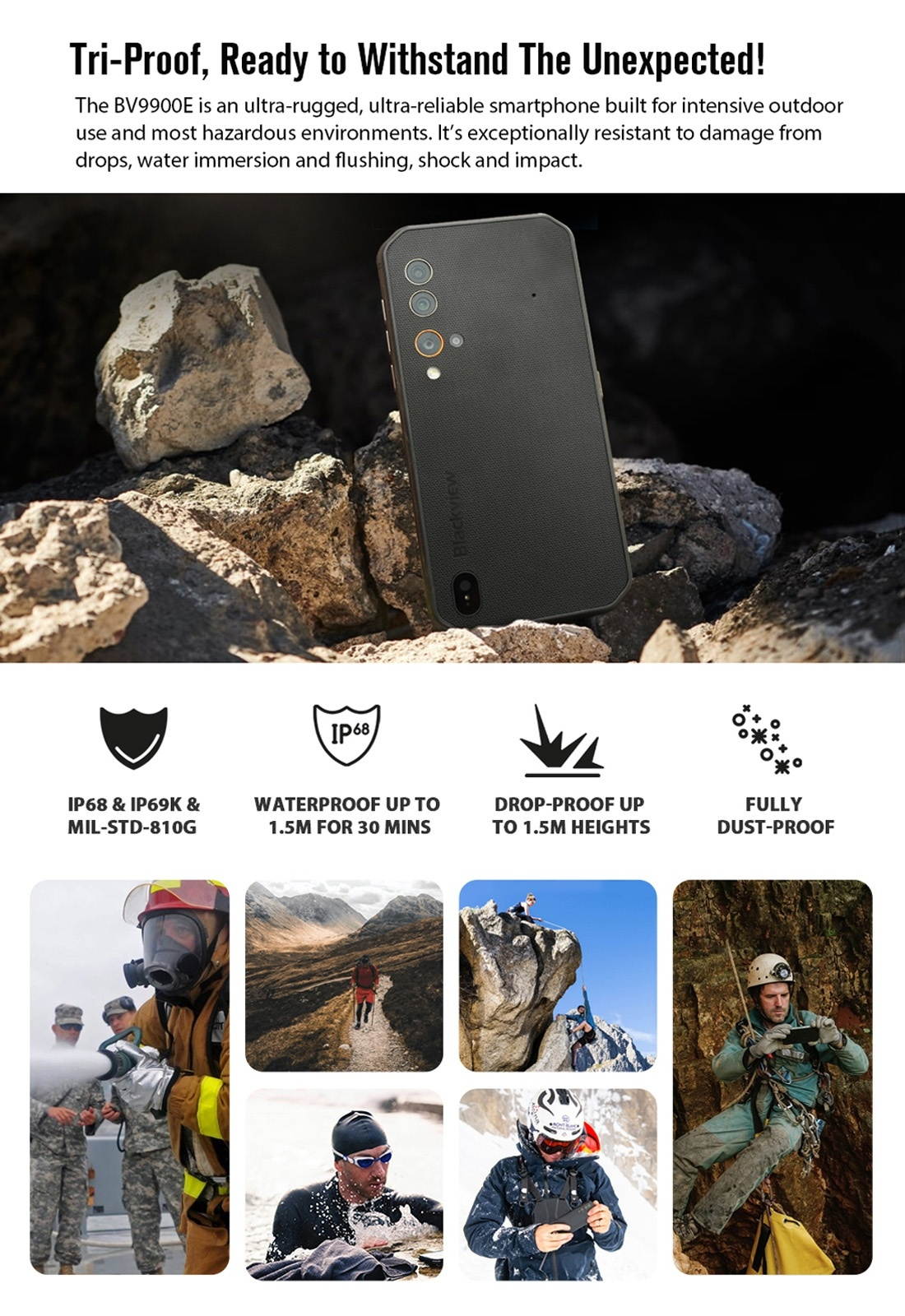 Unlocked Smartphone, Blackview BV9900E Rugged Phone, 6GB+128GB, IP68/IP69K Waterproof Dustproof Shockproof, Quad Back Cameras, 4380mAh Battery, Side-mounted Fingerprint Identification, 5.84