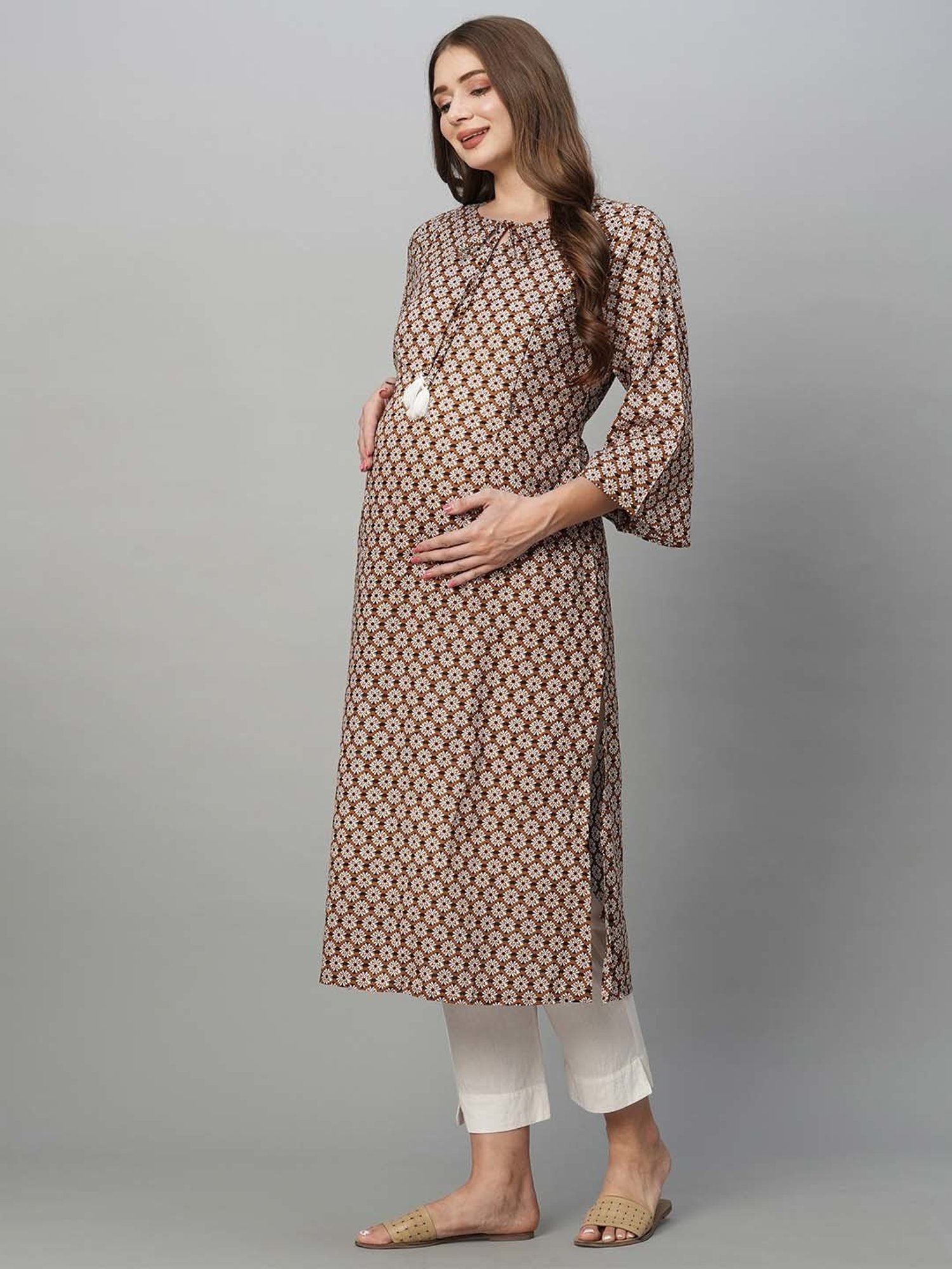 MomToBe Brown Floral Print Maternity Kurti