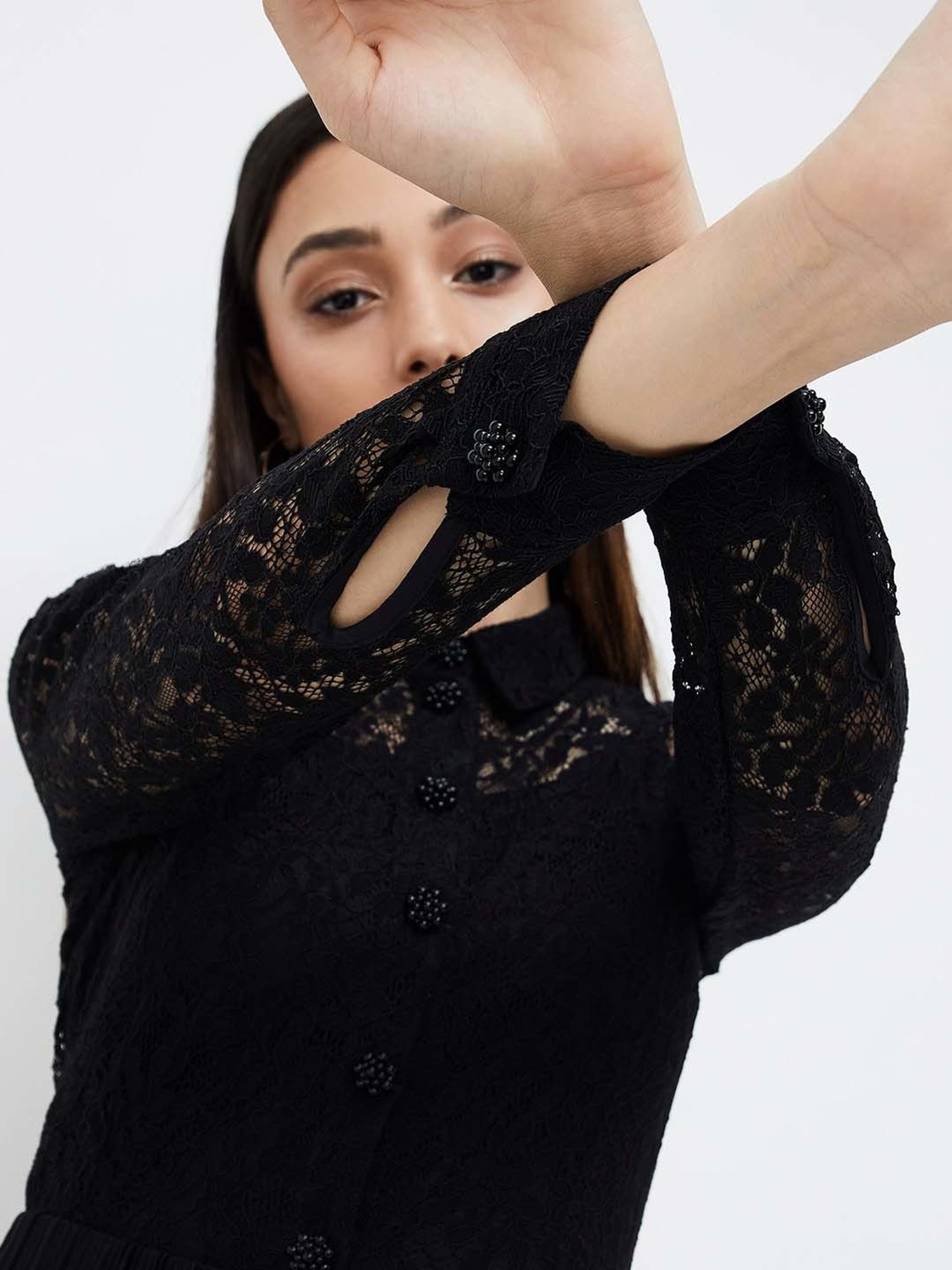 Code by Lifestyle Black Self Pattern Top With Camisole