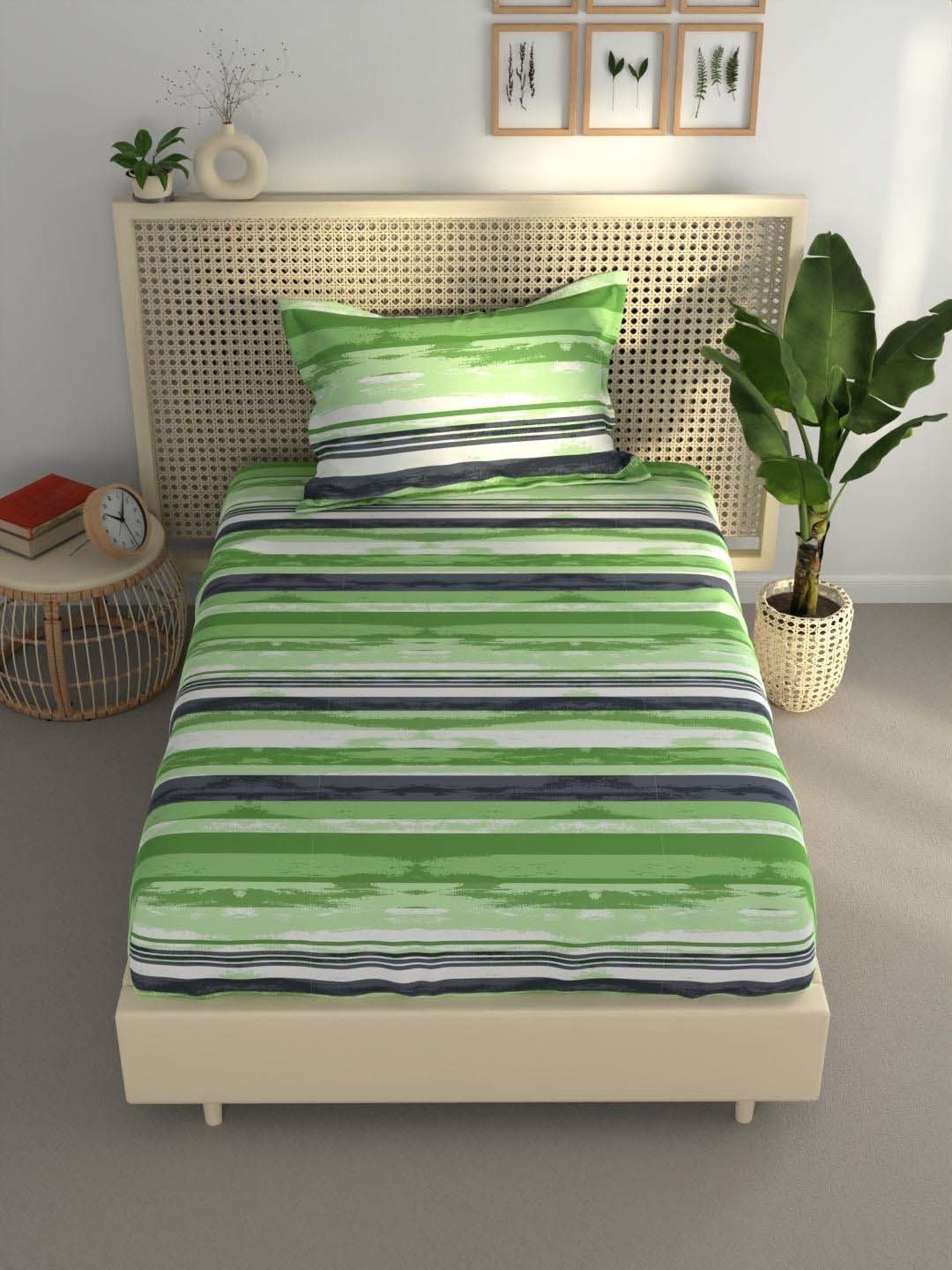 BIANCA Estonia Lime & Green Cotton 116 TC 115 GSM Single Size Bedsheet With Pillow Cover