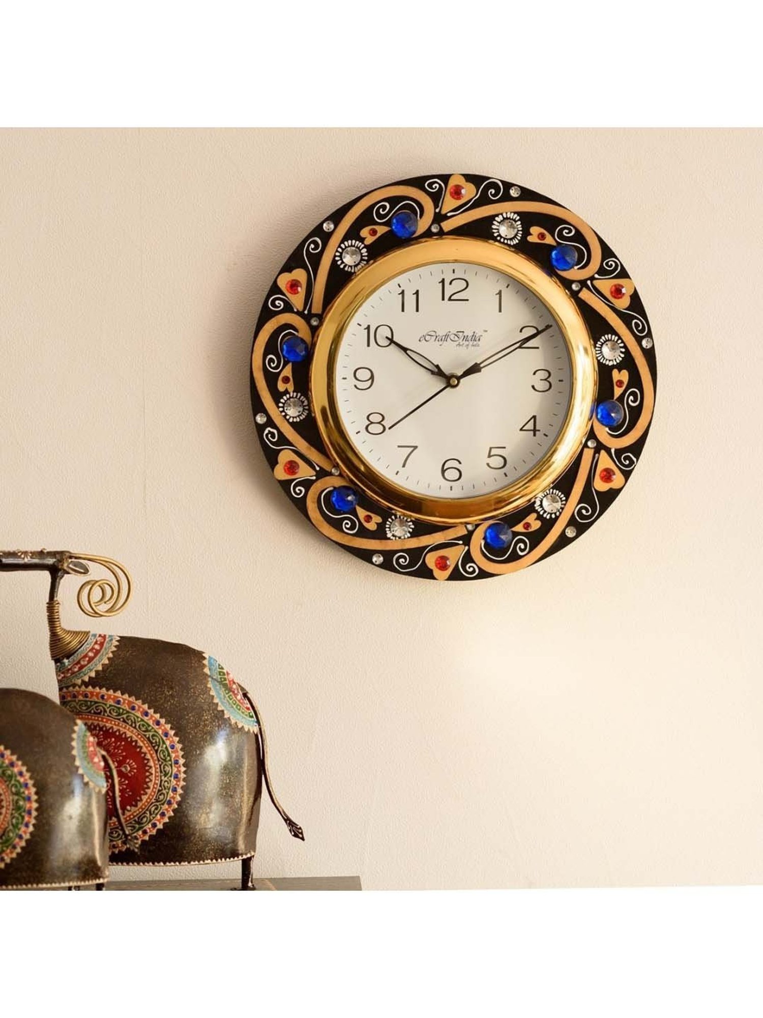 eCraftIndia Blue Crystal Studded Decorative Wooden Handcrafted Wall Clock