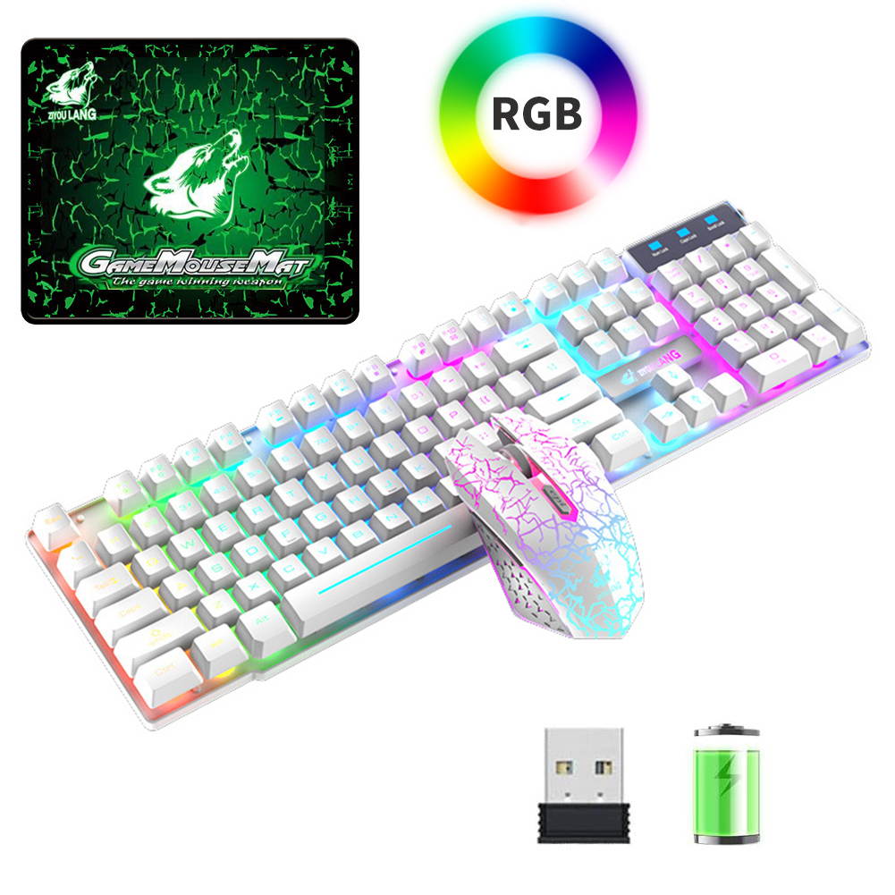 Rainbow backlit wireless keyboard and mouse set, rechargeable 4000mAh battery, mechanical ergonomic touch, waterproof and silent mouse, suitable for laptop, PC, home office