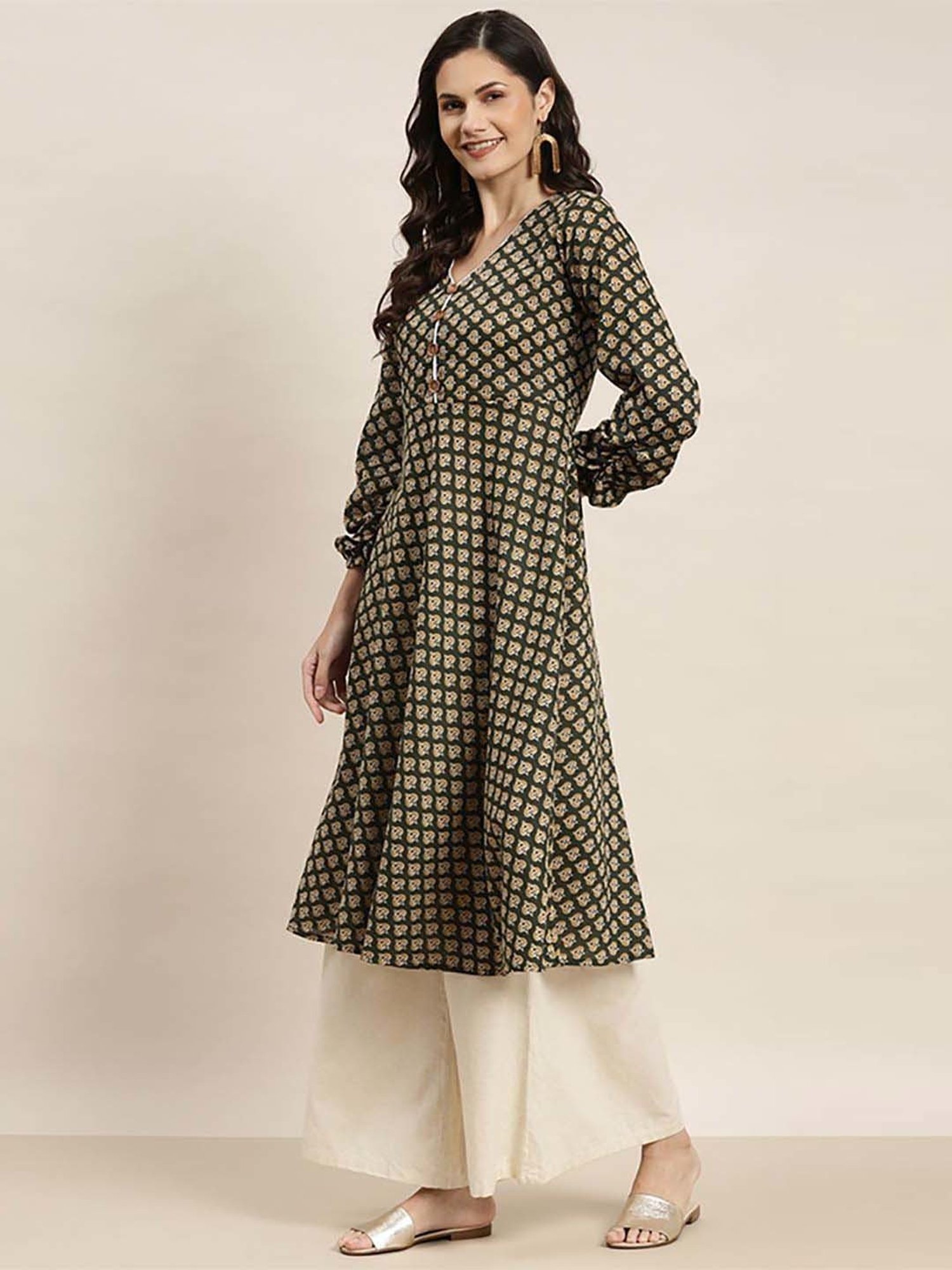 Jompers Green Cotton Printed A Line Kurta