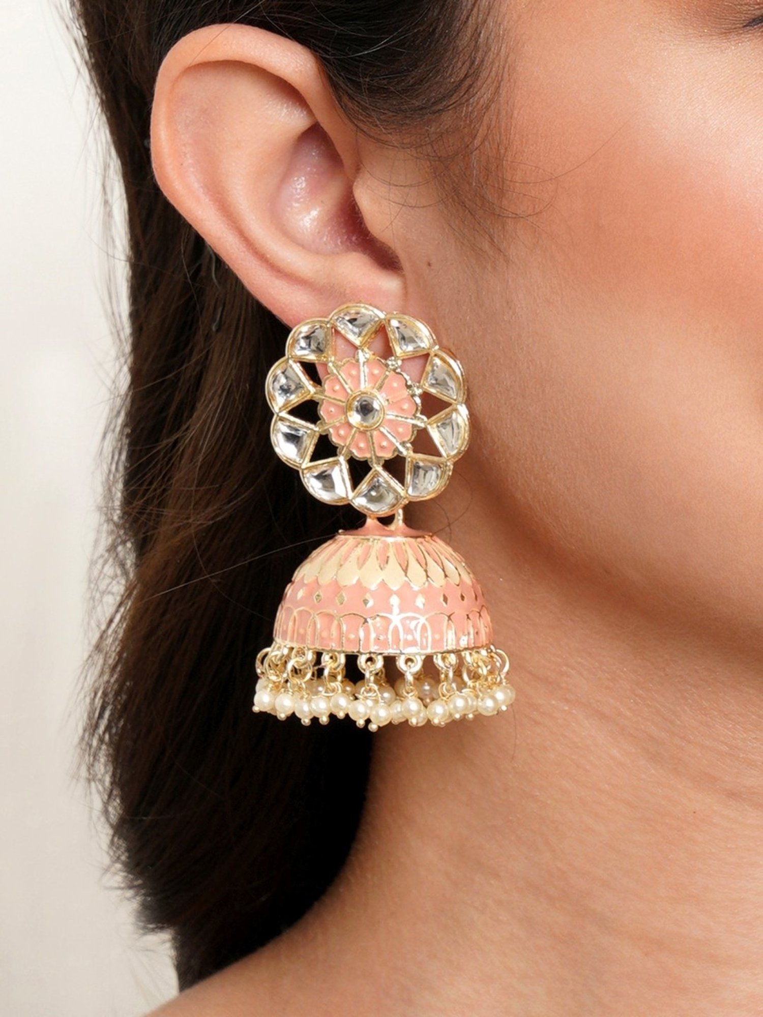 Karatcart Gold-Plated Baby Pink & Cream Meenakari Kundan Studded Floral Jhumki Earrings for Women