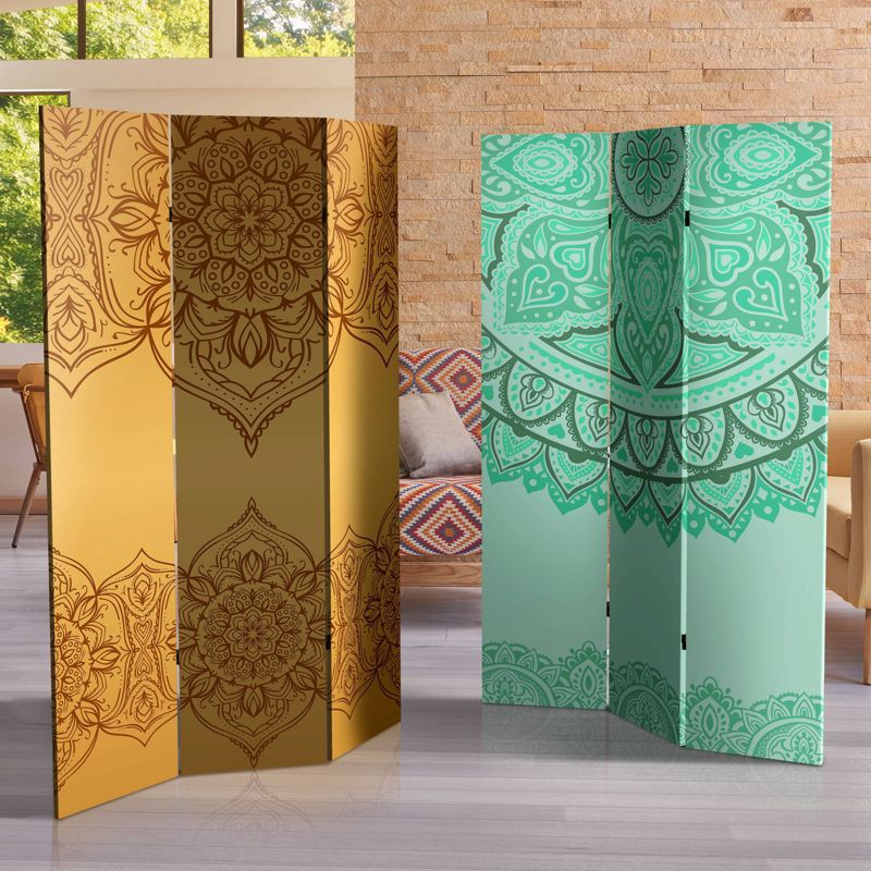 6" Double Sided Gold and Green Mandalas Canvas Room Divider - Oriental Furniture