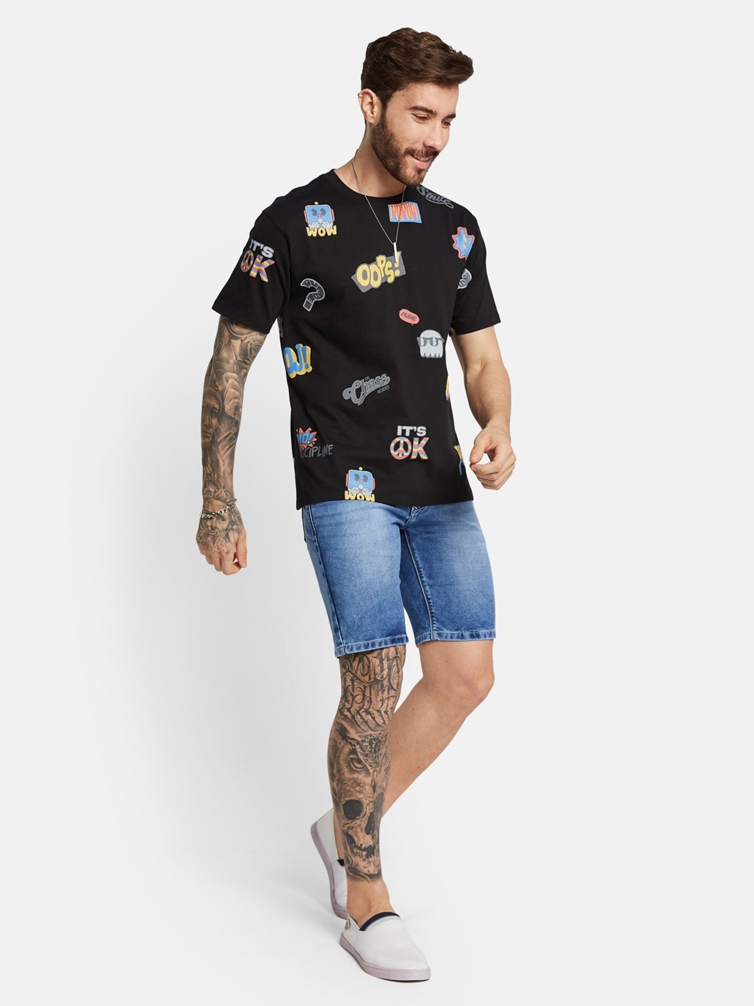 Octave Black Cotton Regular Fit Printed T-Shirt