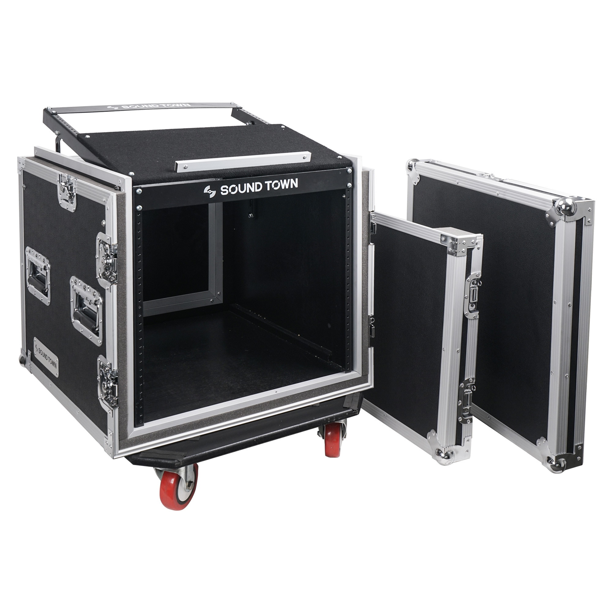 Sound Town Shock Mount 10U ATA Rack Case with 20&rdquo; Rackable Depth, 11U Slant Mixer Top and Casters, 10-Space Size (STMR-SP10UW)