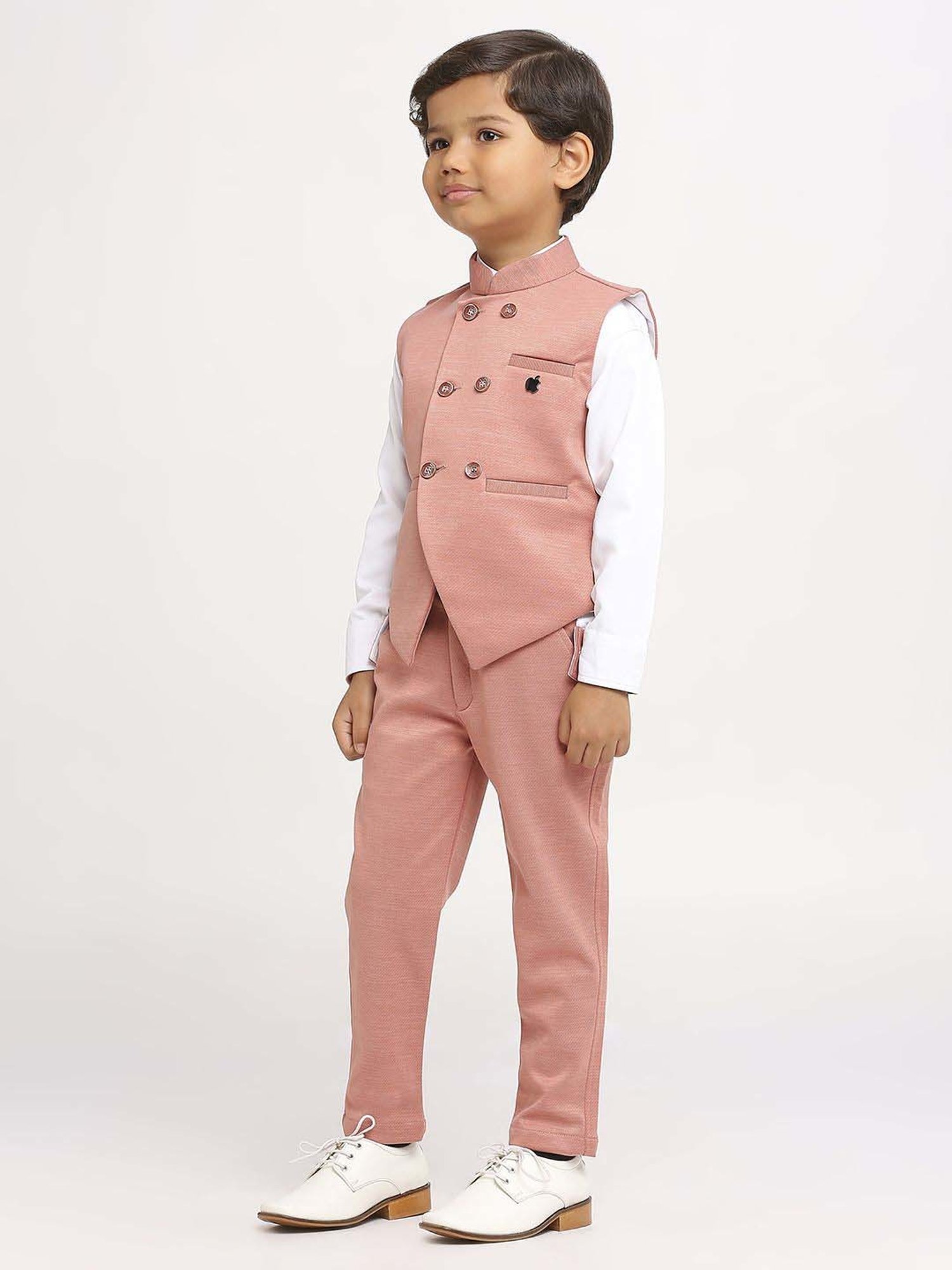 Kids Island Boys Peach Solid Full Sleeves Suit Set