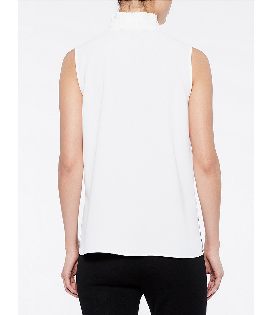 Ming Wang Crepe de Chine Pleated Split Mock Neck Sleeveless Blouse