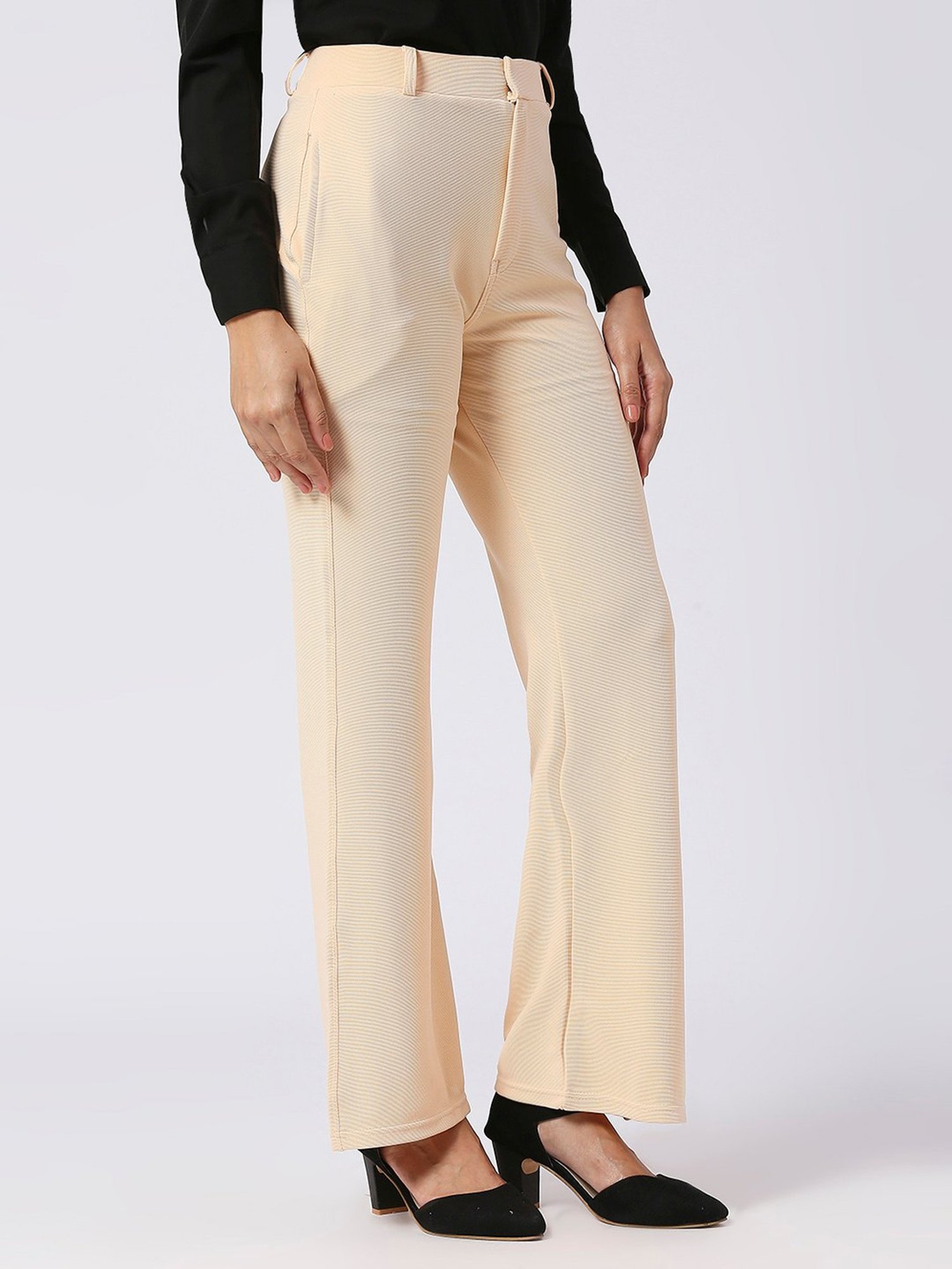 FITHUB Cream Regular Fit High Rise Trousers