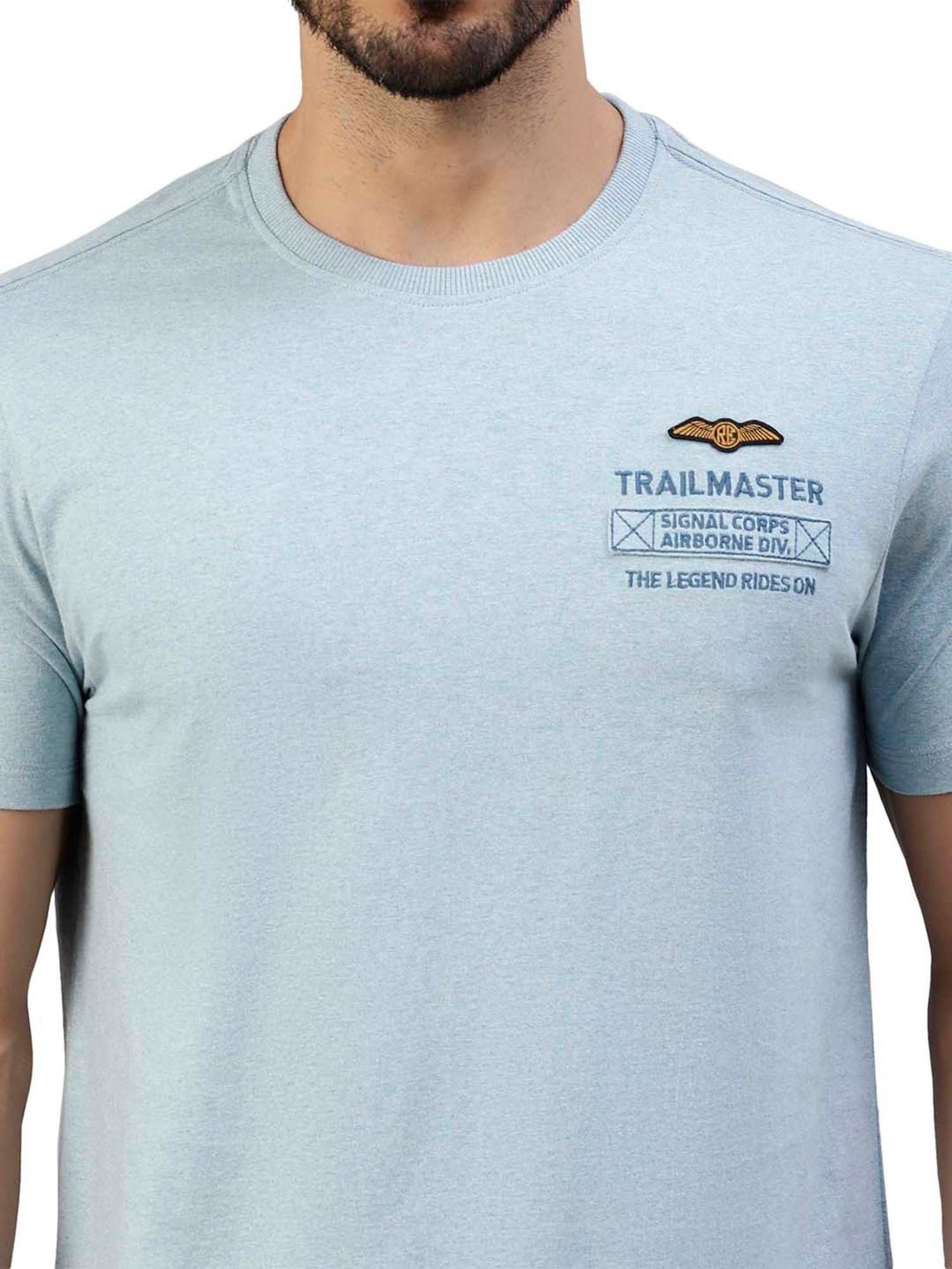 Royal Enfield Trail Master Blue Melange Regular Fit Printed Crew T-Shirt