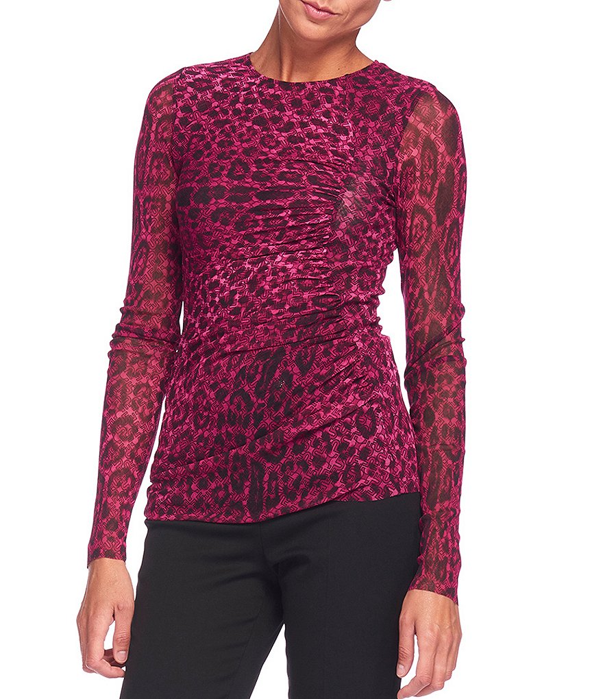 FUZZI Tulle Mesh Iconic Leopard Print Crew Neck Ruched Long Sleeve Top