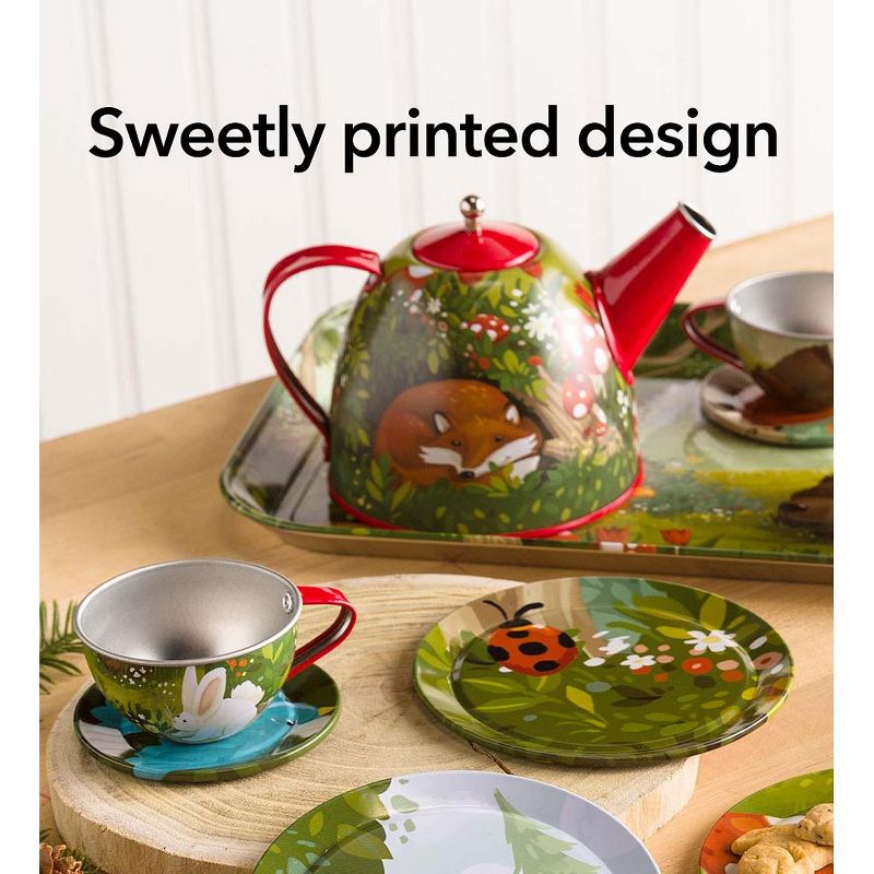 HearthSong 15-Piece Woodland-Themed Tin Tea Set with Carrying Case for Kids