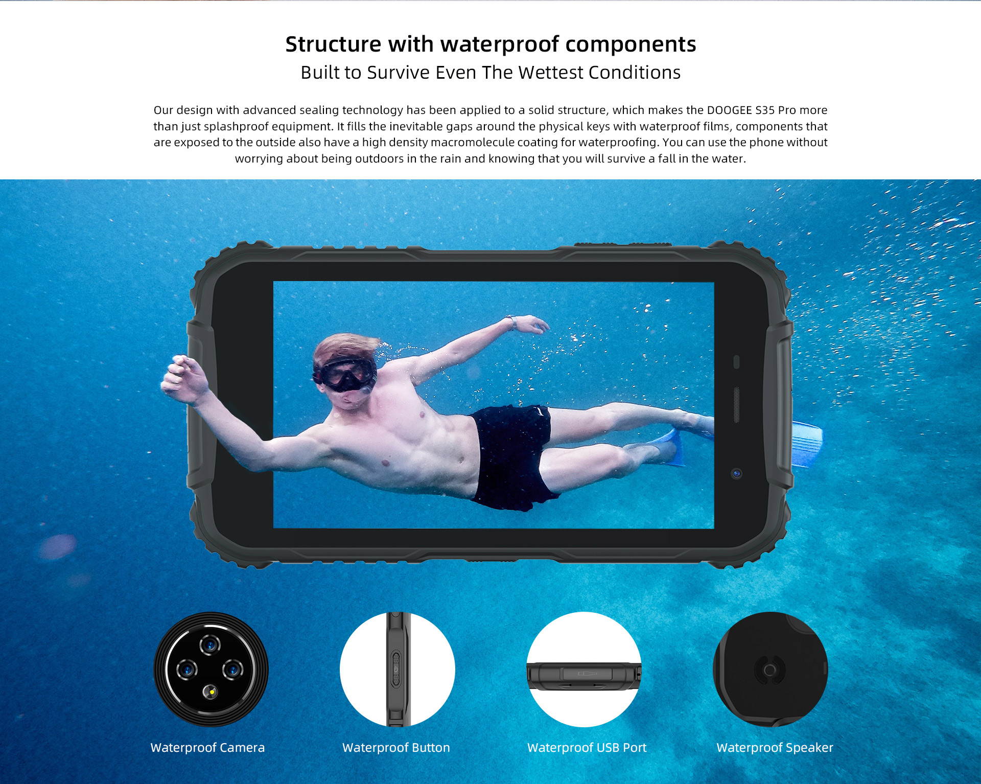 DOOGEE S35 Pro Smartphone, Android 10.0, Quad Core, 4GB + 32GB, IP68 Water Resistant, Triple IA Rear Camera, 4350mAh