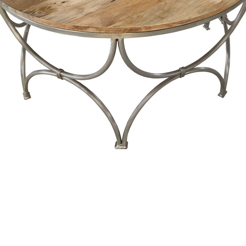 Round Wooden Top Coffee Table with Lattice Metal Base Brown/Silver - The Urban Port