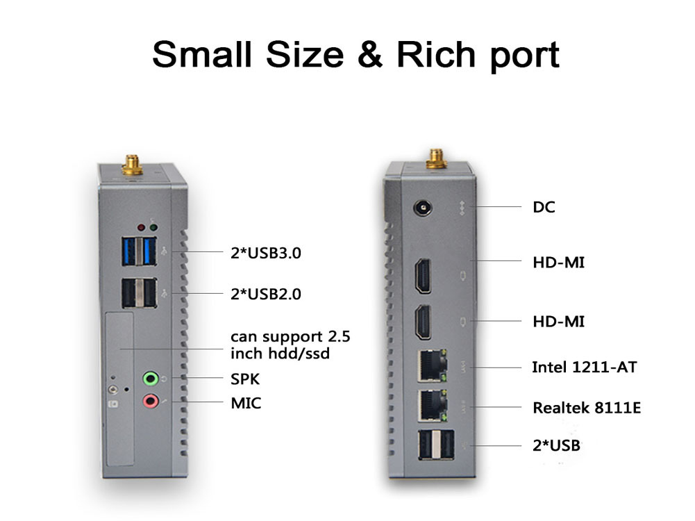 Desktop Computer Fanless Mini PC Windows 10 OEM/Linux with Intel Celeron N2940 Quad Core CPU, Dual Lan, Dual HD Port, 8G RAM 128G SSD