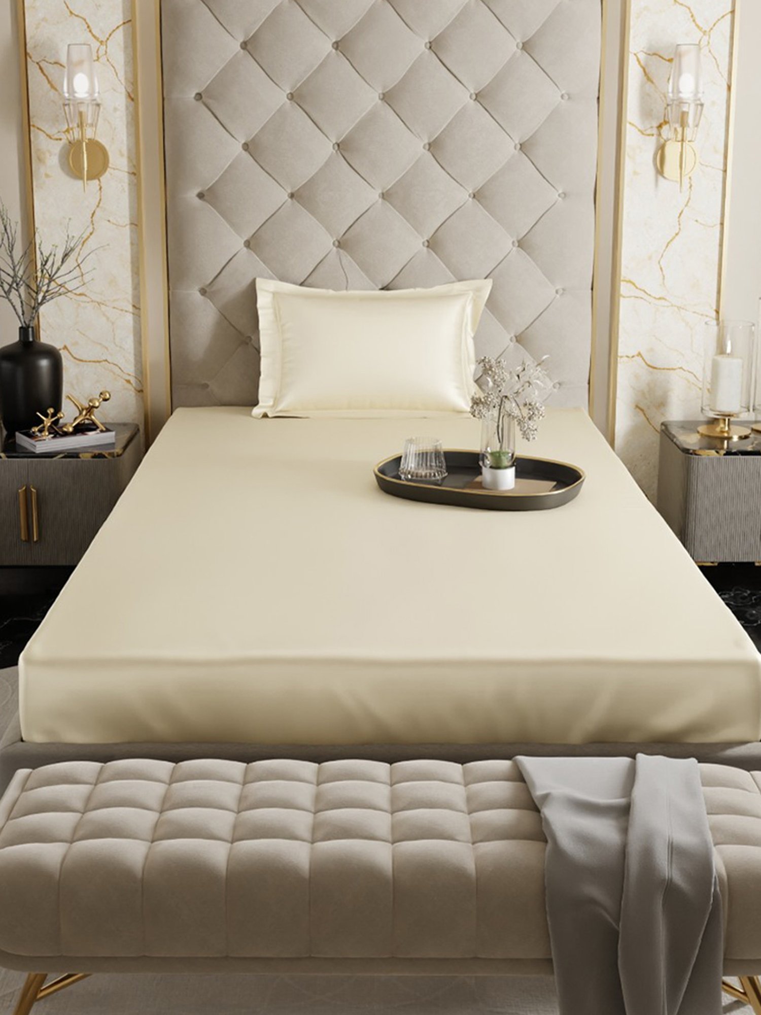 Stoa Paris Ivory Polyester 300 TC Date Night Single Fitted Bedsheet With Pillow Cover