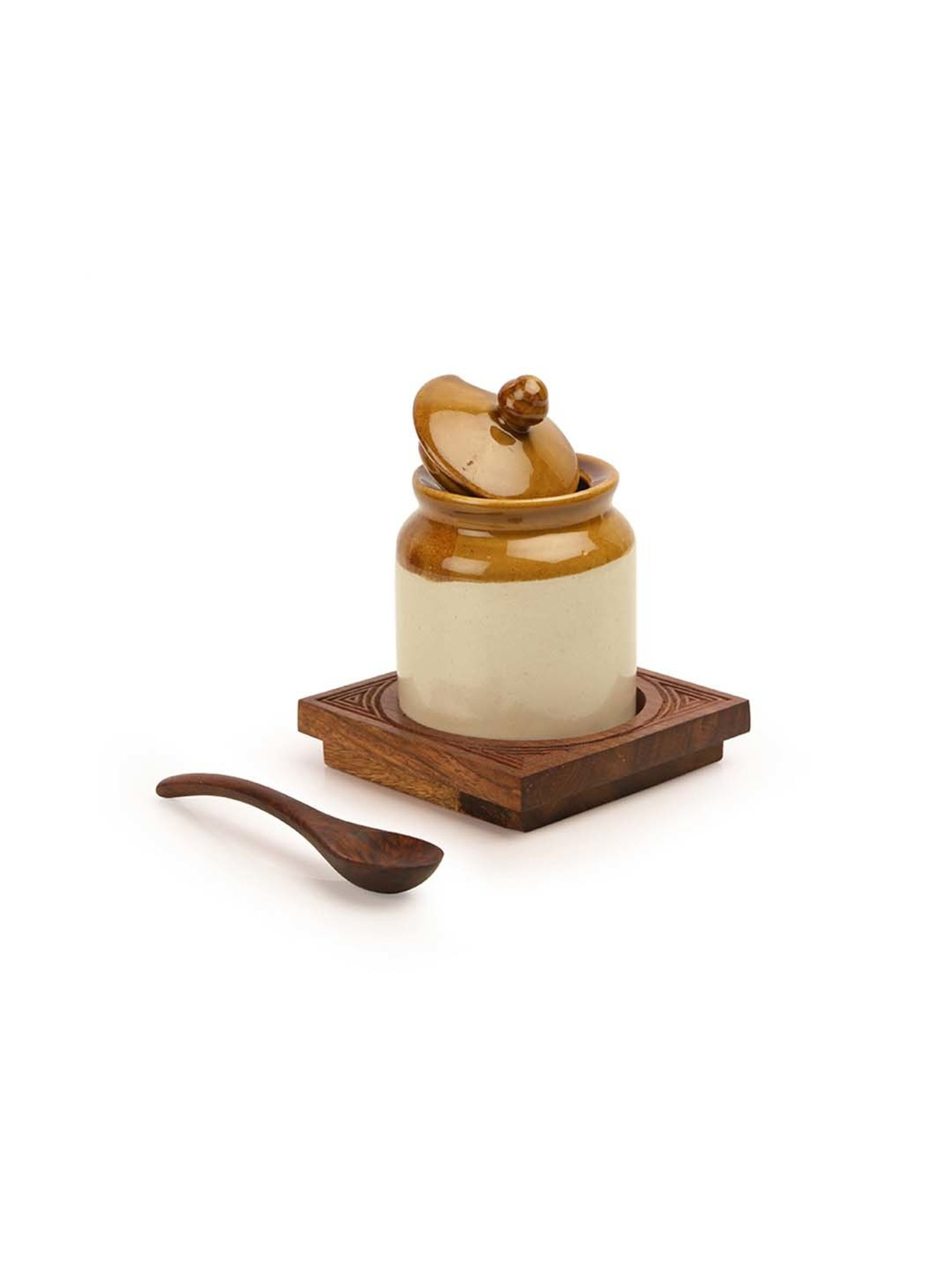 ExclusiveLane Old Fashioned Ceramic Jar With Hand Carved Tray