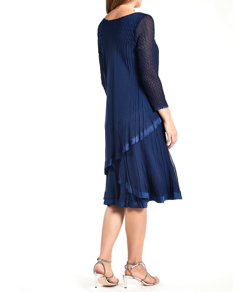 Komarov V-Neck 3/4 Sleeve Ombre Chiffon Ruffle Midi Dress