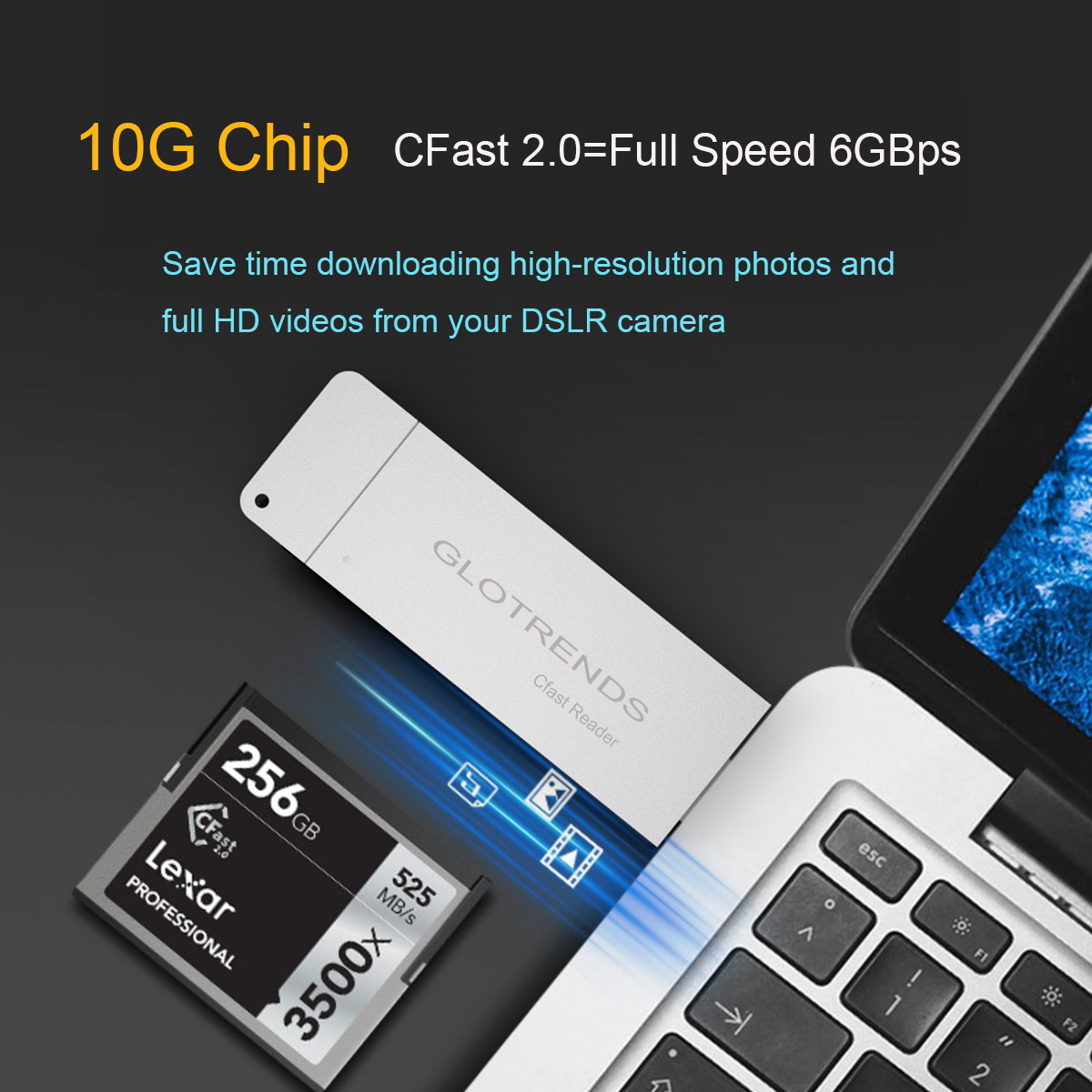 GLOTRENDS CFast Reader 2.0 10Gbps Chip with USB C and USB A Port, Full Aluminum Case Silver Color