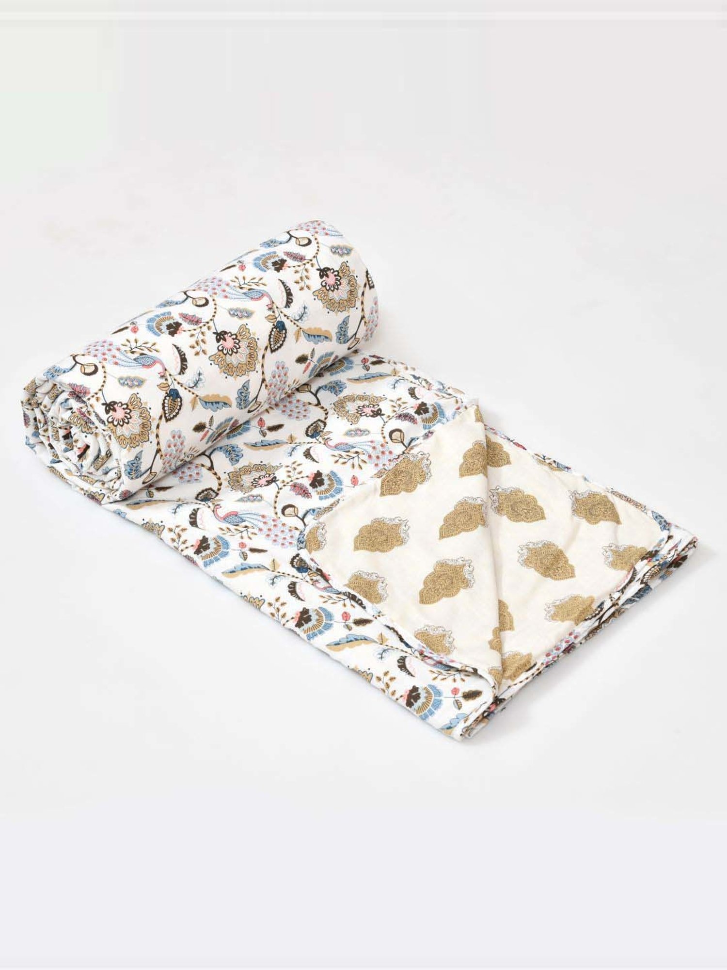 Haus & Kinder Cambric Floral Green & Yellow Cotton Single Reversible Dohar