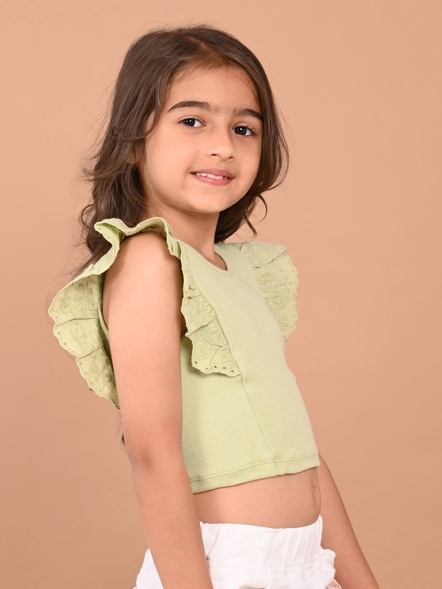 LilPicks Kids Green Solid Crop Top