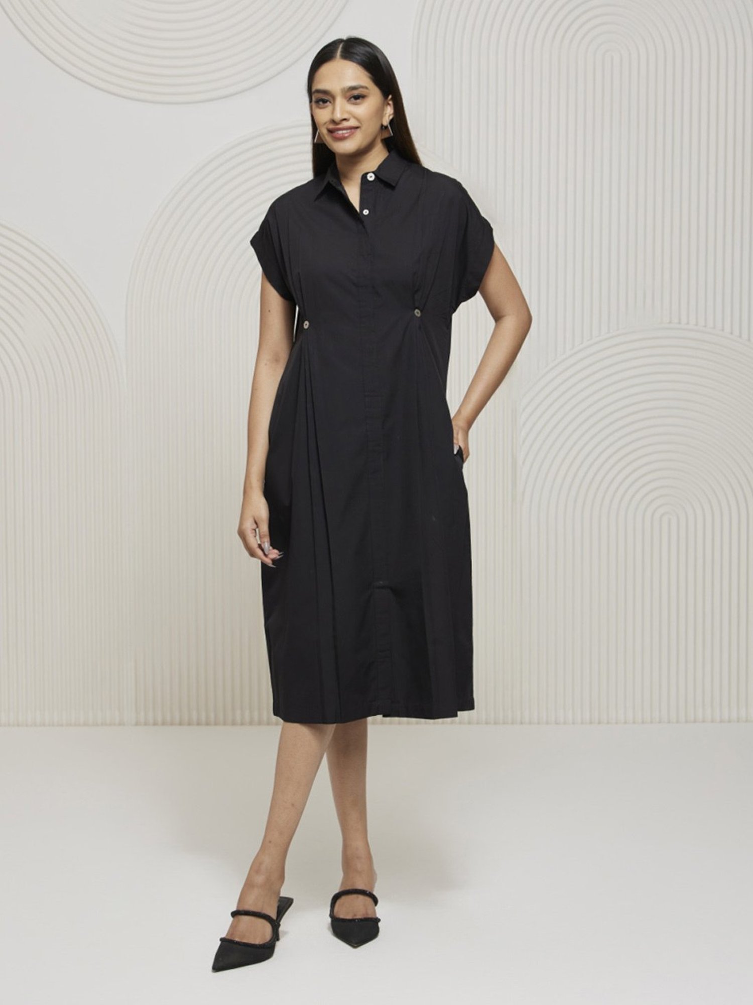 Artagai Black Pleated Shirt Dress with Concealed Placket