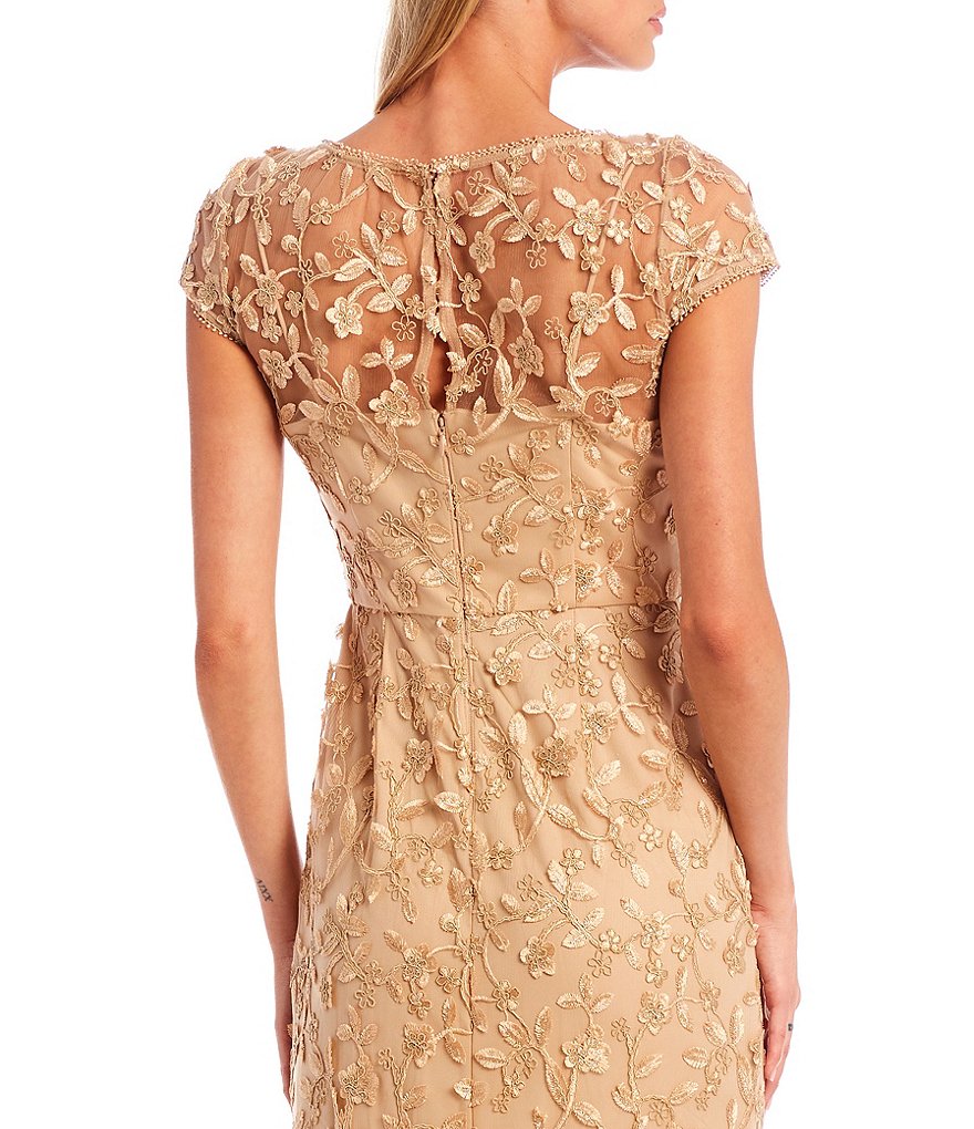 Adrianna Papell Metallic Cap Sleeve V-Neck Embroidered Column Gown